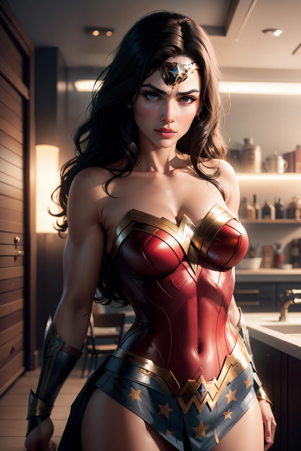 best quality, ultra high resolution, light leaks, dynamic lighting, even, kpop idol, (beautiful and detailed face: 1), 1 girl (gal gadot),18 years old, toned body, hourglass body,corpo ampulheta, hot, black hairstyles, long hair, (round face : 1.2),(detailed face and eyes),(expressive blue eyes),(round chin: 1.2),(giant breasts), in front of white wall, wearing red bikini, retro art style