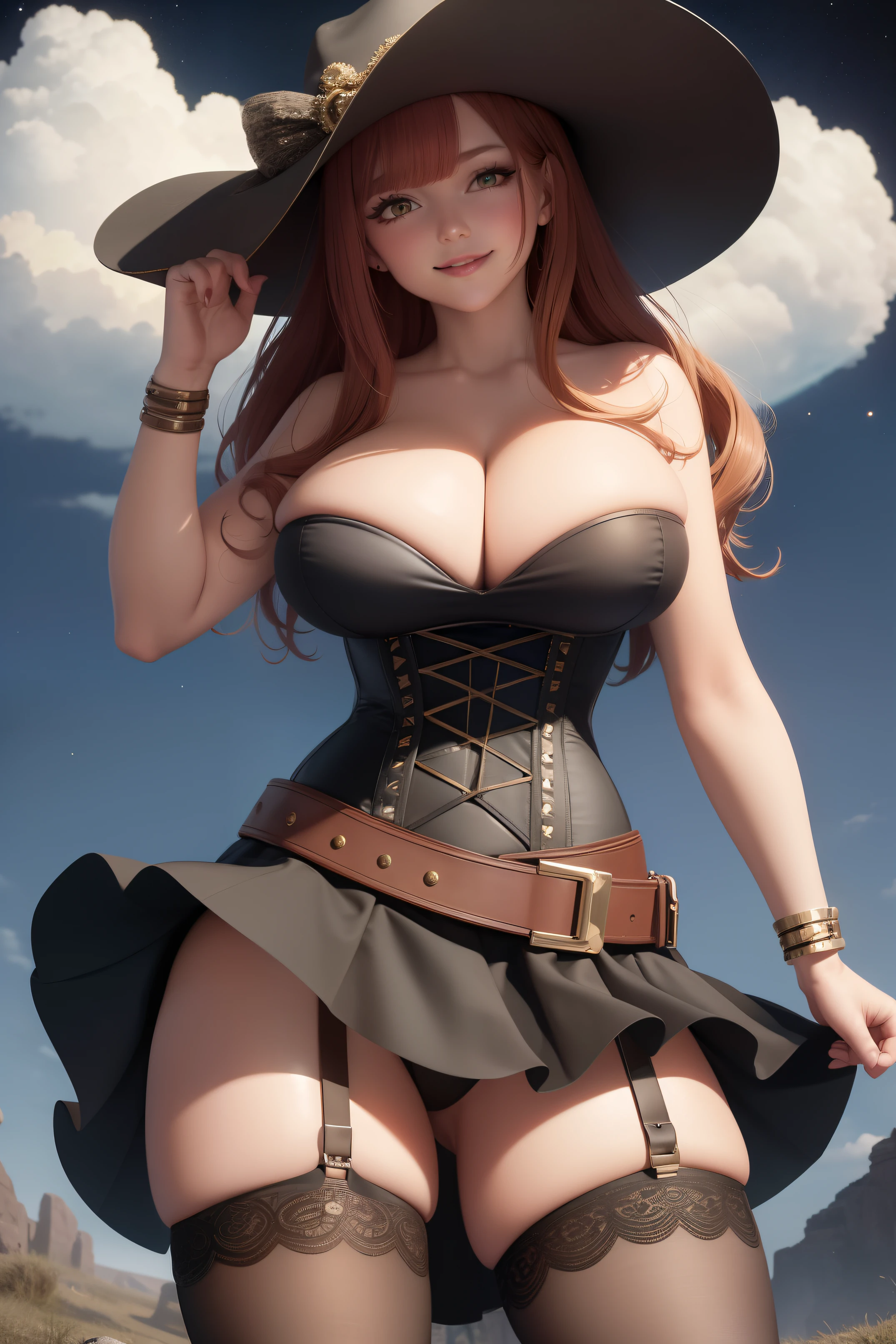 (Masterpiece, Best quality:1.2), Cowboy shot, Solo, 1girll, redheadwear,Thick thighs,Wide buttocks,gigantic ass, Smile, Closed mouth, view the viewer, Strapless dress, Corset, Layered skirt, black over-the-knee socks, Bare shoulders, cosmic space, Star \(sky\)