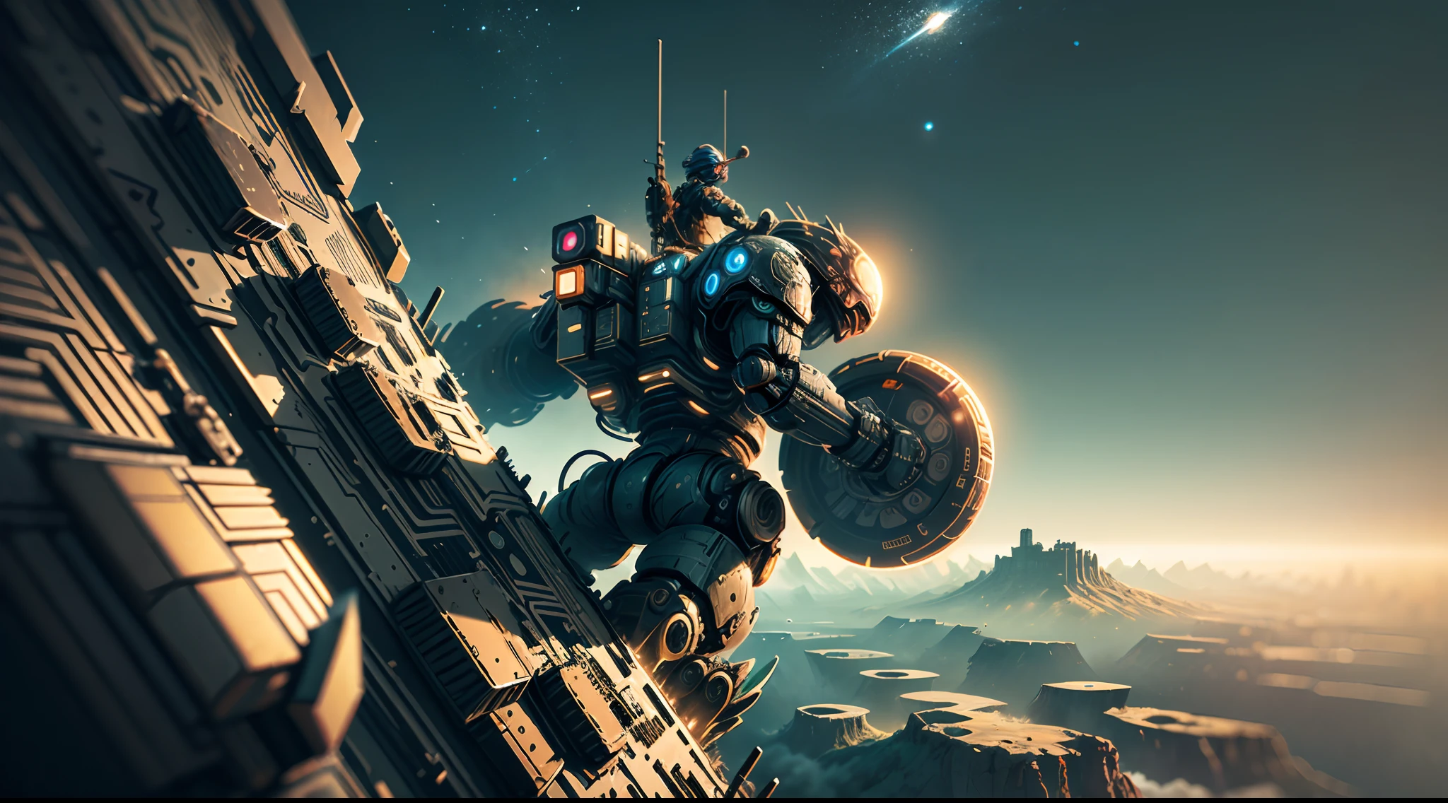 big stompy robot descending down a war torn planet, hyper detailed, ultra sharp focus, UHD, micro lens, gritty texture.  - --auto --s2