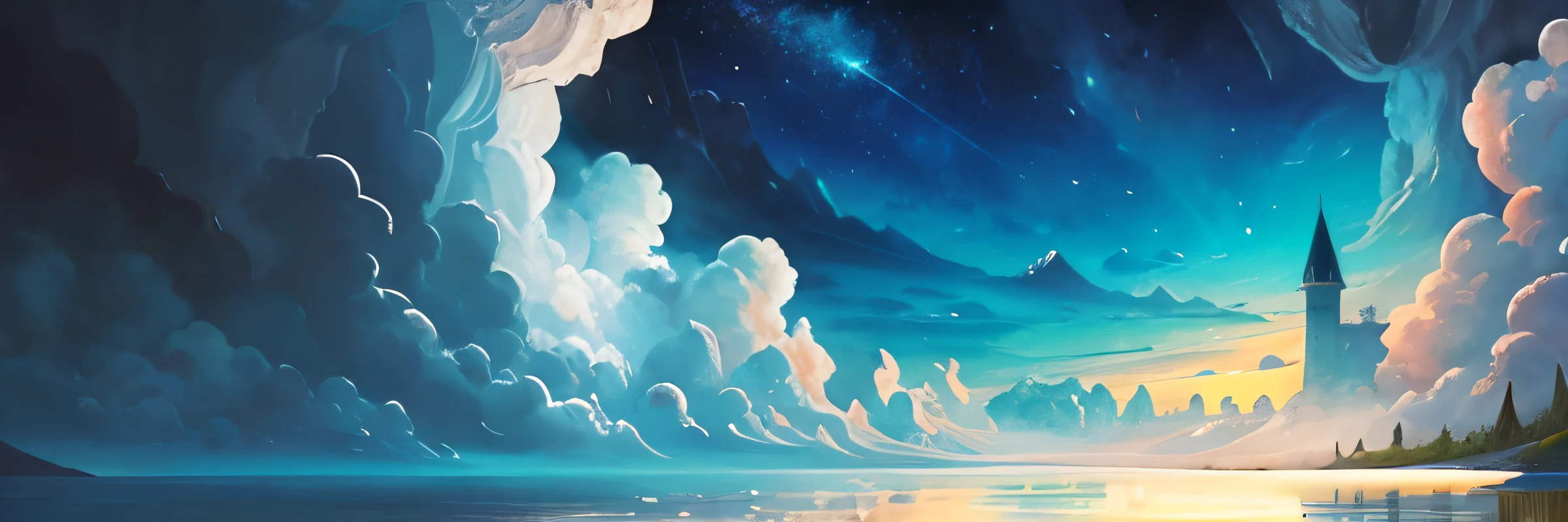 Scenes，Transverse，divino，a paradise，Brighter，painting of a，hand painted style，Game style，Normal quality，Less detail，exteriors，medieval times，Lower saturation，Skysky，Sea of Clouds