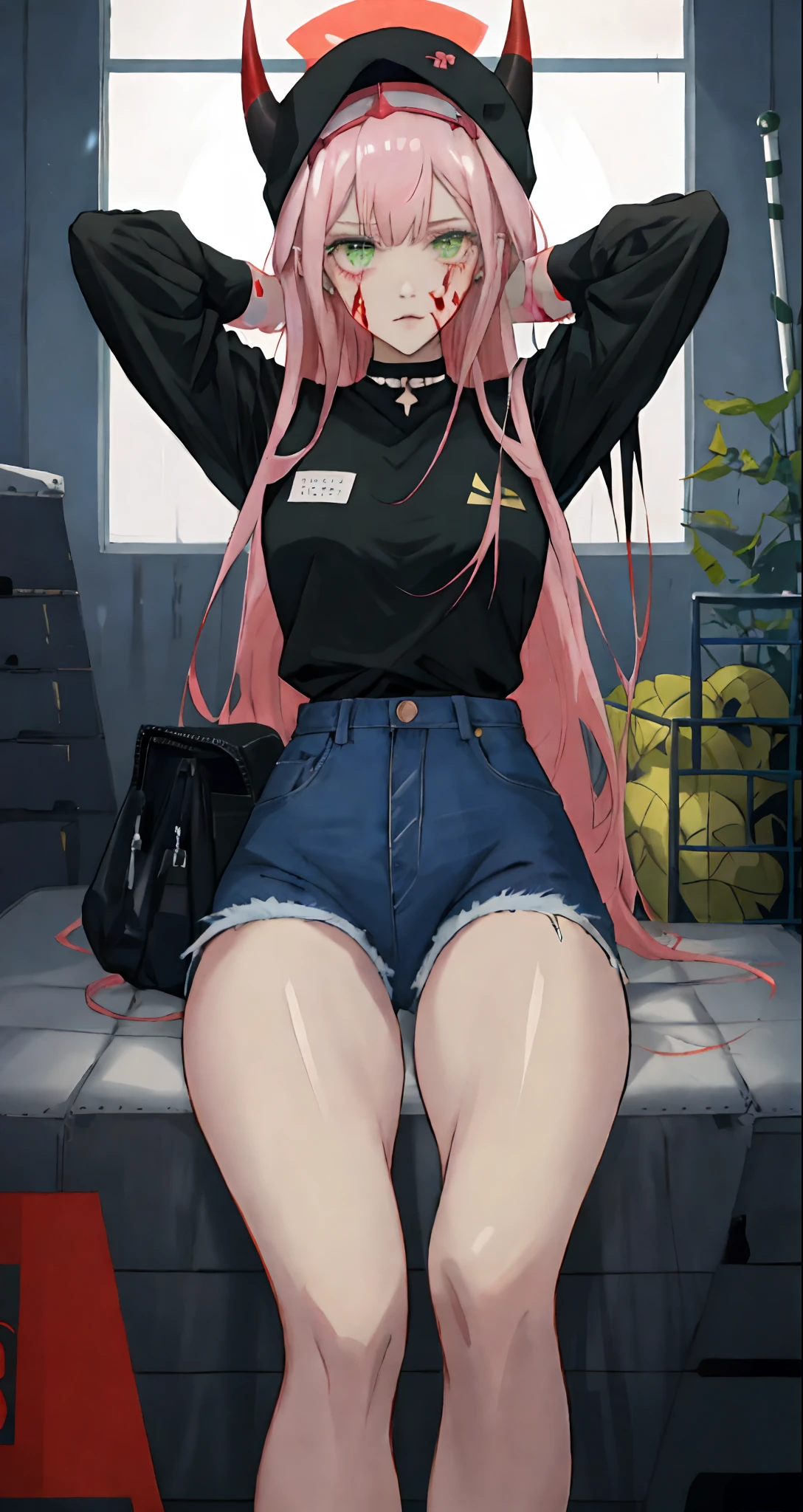 Zerotwo \(darling on franxx\), darling on franxx, 1girll, Closed mouth, bangs, Black cap, bite, eye shadows, Green eyes, hair behind head, Horns, Long hair, view the viewer, Big thighs, Makeup, Small , Black shirt, Jeans, Black choker, Black backpack,Pink hair, Red eyeshadow, Science fiction, taut skin, Blood, Dripping blood