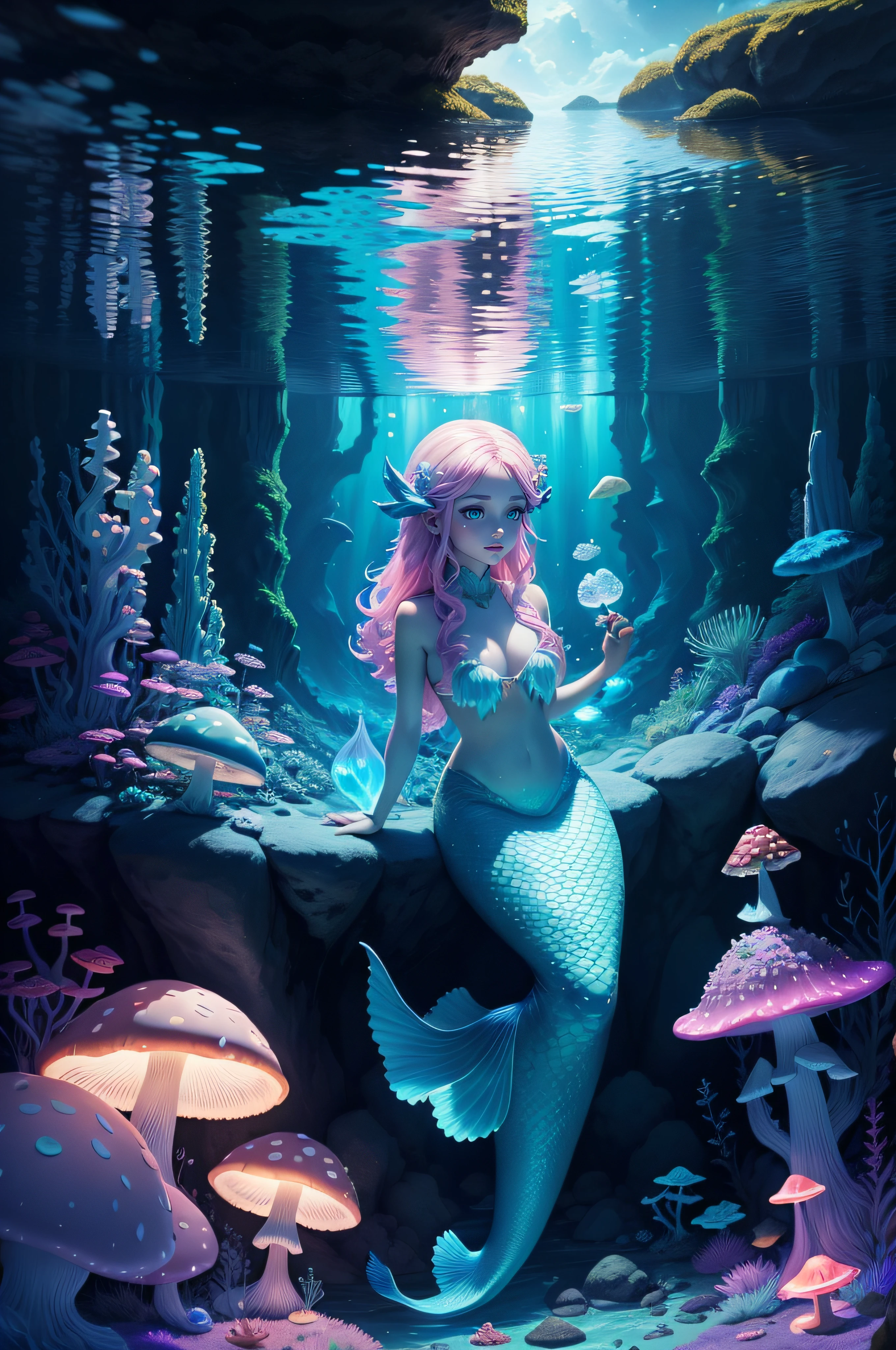 {{{Mermaid swim}}} (from:magical forest|lava fields|0.4|underwater caves|0.6:0.9524), where, (from:|fire sprites|0.5|merfolk|0.3:0.9524), dwell in harmony., (from:Glowing mushrooms|Fiery crystals|0.6|Bioluminescent y