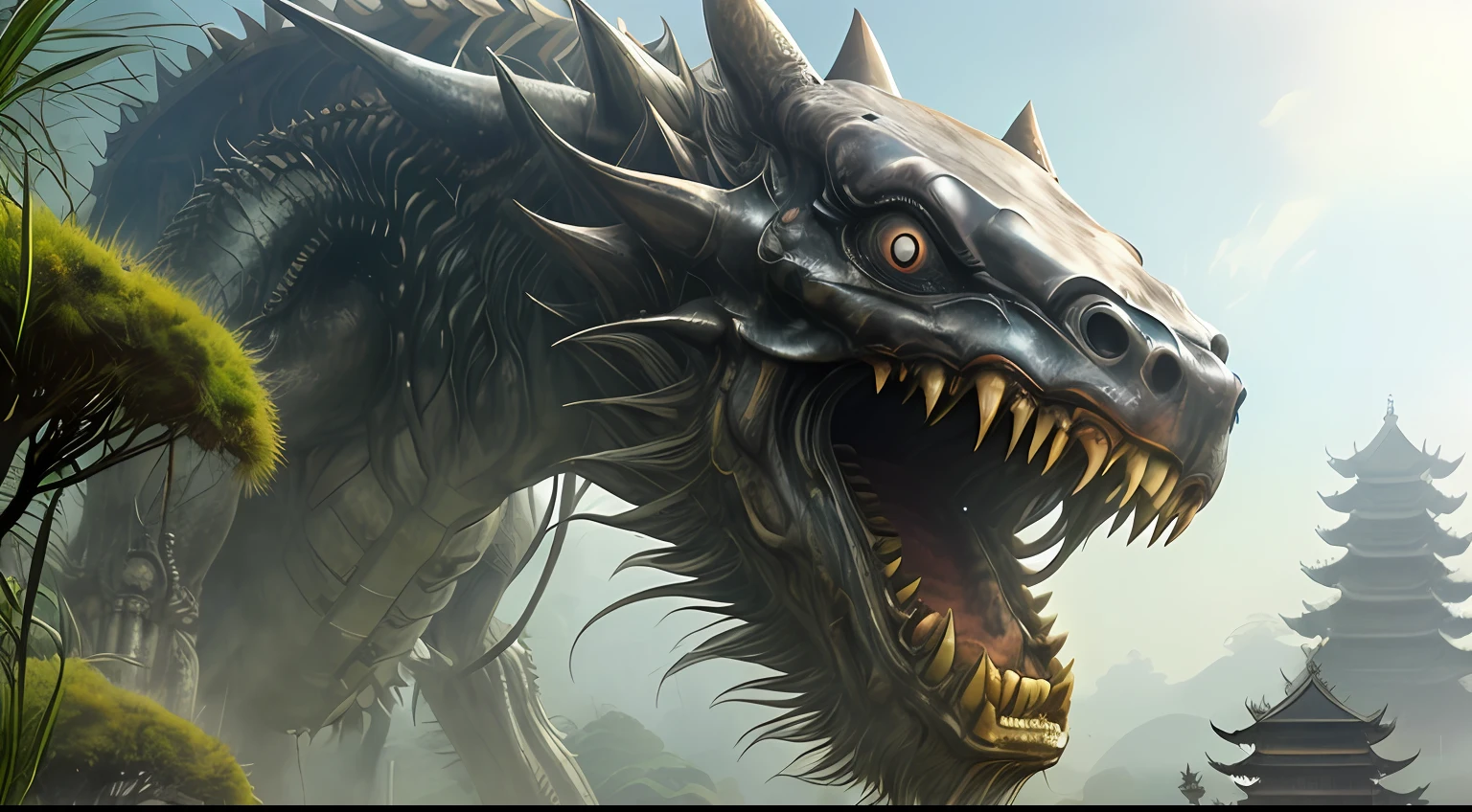 (Extreme close-up) photore (Scared:1.1) (A small Chinese temple from the 12th century:1.2), (rainforests:0.9), (tall grass:1.2), (Huge old dead alien silver monster left in the background:1.2), Wet, rays of sunshine, insanely details, Cinematic, epic realistic, Intricate details, ultra - detailed, High quality, primitive, author:Jakub Rozalski