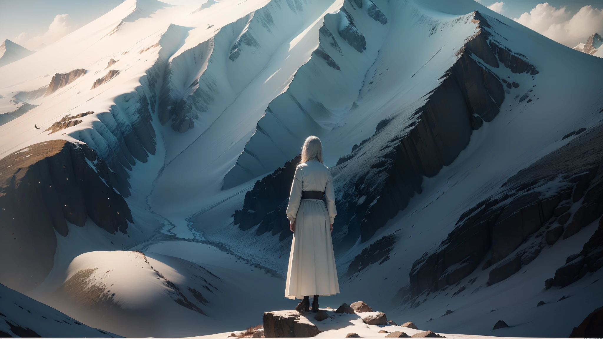 There was a woman standing on the top of a mountain looking at the mountain,mountain scene. cinematic Film still from, Stand in front of Mt, Still from L'Estate, girl standing on mountain, looking at the mountains, cinematic Film still from, a still of an ethereal, a mountain look like a women, screenshots from movies, cinematic Film still from,Pure white clothes and skirts,The wind blows the skirt to the right,8K,hdr,Surreal 3D,realisticlying,Detailed skin texture,Detailed cloth texture,Complicated details,ultra - detailed,edge lit,Side lighting,cinematric light,超高分辨率,Hands hidden in sleeves。