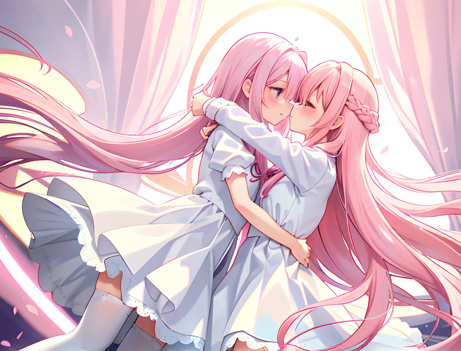 2girls,Girl1:adolable,A pink-haired,long whitr hair,white stockings,white dresses,girl 2:adolable,A pink-haired,long whitr hair,white stockings,white dresses。kissing and hugging