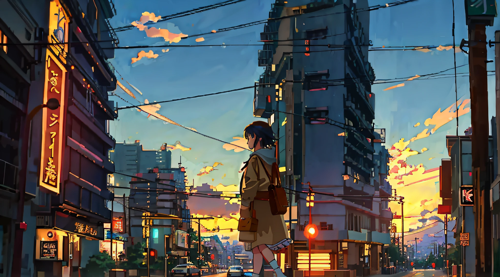 Anime - a style scene of a woman walking on the streets of a city, anime style cityscape, 4K anime wallpaper, Makoto Shinkai Cyril Rolando, style of anime4 K, Anime wallpaper 4 k, Anime wallpaper 4K, Anime art wallpaper 8 K, Anime art wallpaper 4k, Anime art wallpaper 4 K, tokyo anime anime scene, hd anime cityscape,Cute girl,Rich in detail