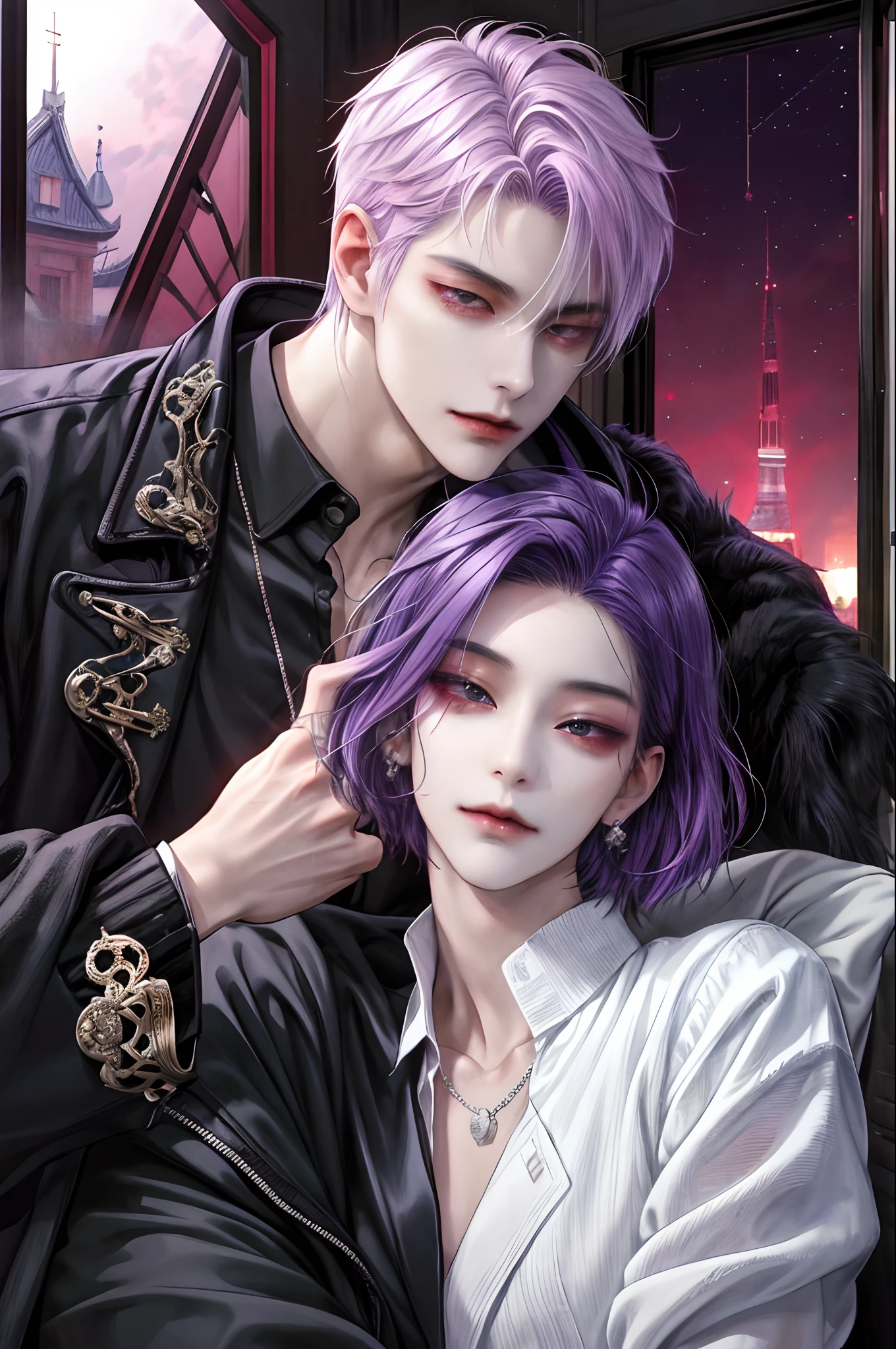 ​masterpiece, top-quality, 2Others, a couple, 1 man and 1,, Adults, Height difference, different fashion, different color, finely eye and detailed face, intricate detailes, Casual clothing, Oversized shirt, Modern urban streets, Hands on back, A smile, Happiness, tenderness, high-level image quality、 beautiful male、tall、hug from behind、Trying to kiss、window、nightfall、nighttime scene、𝓡𝓸𝓶𝓪𝓷𝓽𝓲𝓬、Korean Male, Idol Photos, k pop, Professional Photos, Vampires, Korean fashion in black and white, At Fed Man with Necklace, inspired by Sim Sa-jeong, androgynous vampire, :9 detailed face: 8, extra detailed face, detailed punk hair, ((asa)) baggy eyes, Seductive. Highly detailed, semi realistic anime, Vampires, hyperrealistic teen, delicate androgynous prince, imvu, short hair above the ears, Man with short hair, Woman with long hair, A man with a glaring expression and a woman with a gentle expression, Short-haired man with bright purple hair and woman with pink long-haired hair
