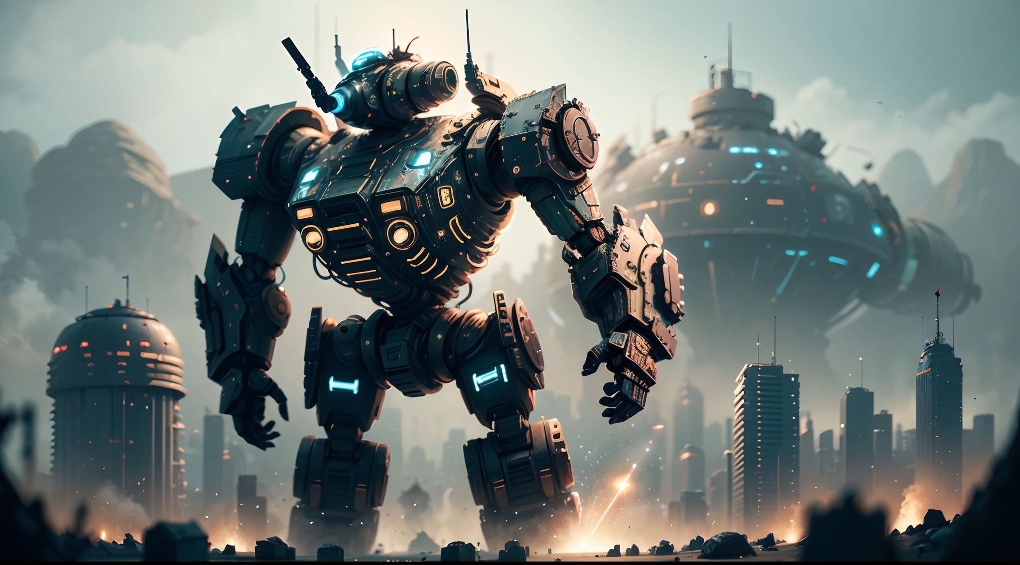 big stompy robot descending down a war torn planet, hyper detailed, ultra sharp focus, UHD, micro lens, gritty texture.  - --auto --s2