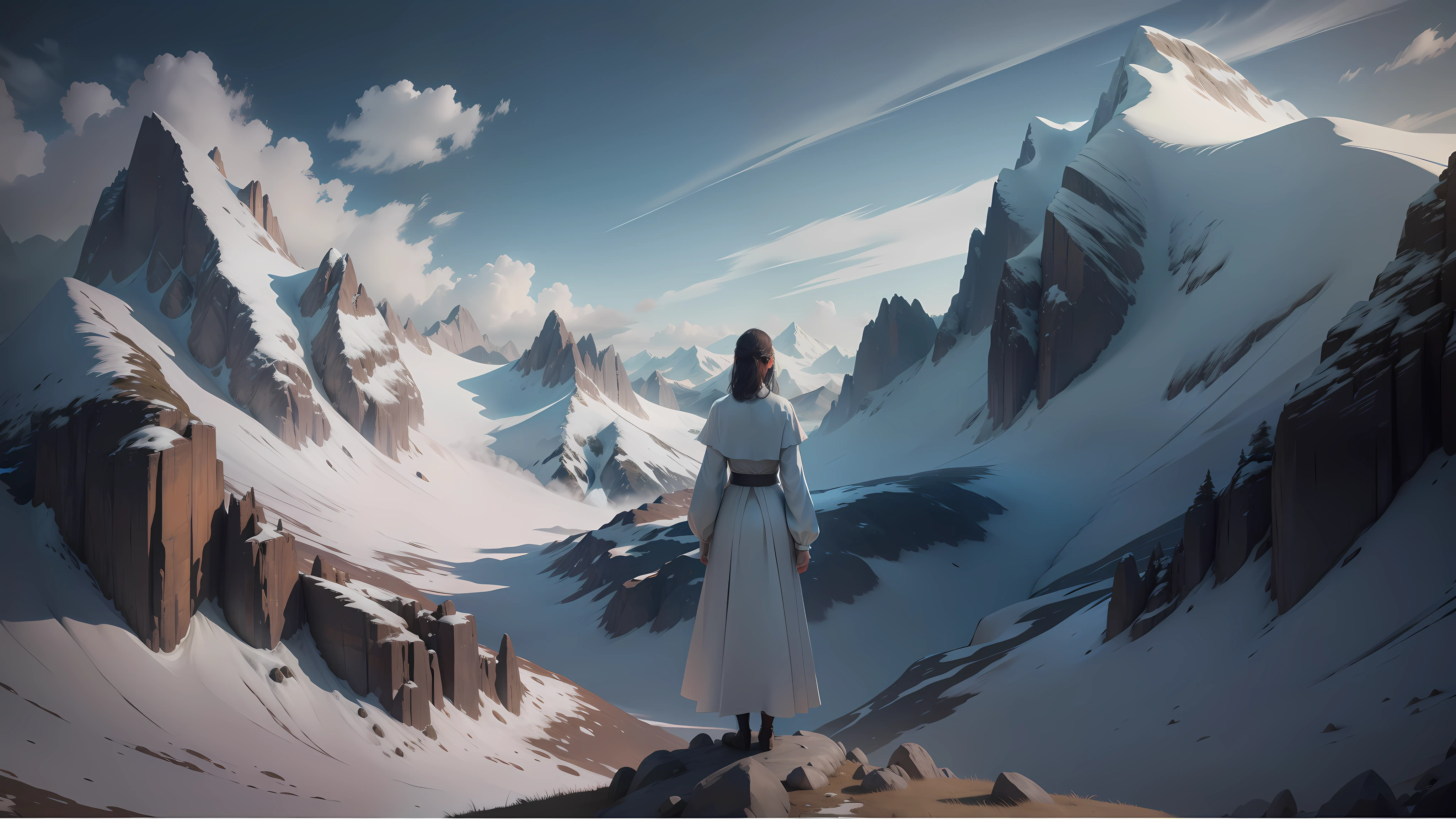 There was a woman standing on the top of a mountain looking at the mountain,mountain scene. cinematic Film still from, Stand in front of Mt, Still from L'Estate, girl standing on mountain, looking at the mountains, cinematic Film still from, a still of an ethereal, a mountain look like a women, screenshots from movies, cinematic Film still from,Pure white clothes and skirts,The wind blows the skirt to the right,8K,hdr,Surreal 3D,realisticlying,Detailed skin texture,Detailed cloth texture,Complicated details,ultra - detailed,edge lit,Side lighting,cinematric light,超高分辨率,Hands hidden in sleeves。
