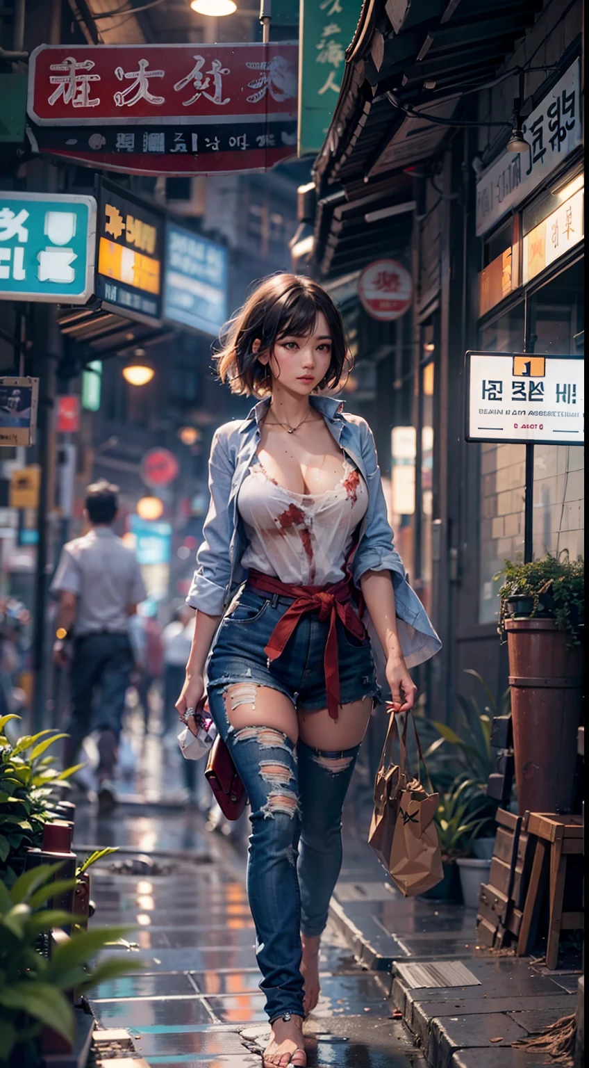 A Japanese woman walking in the city,Buildings,A plant,ssmile,Mixed Korean,The background is blurred out,focal,电影灯光,(((tmasterpiece))), ((best qualtiy)), ((Complex and detailed)), ((ultra-realistic realism)), Ridiculous resolution, A MILF, Mature woman, ssee-through, highly detailed, illustratio, 1girll, (huge tit), Thin waist and thick hips,long leges,beatiful detailed eyes, short detailed hair, brunette color hair, a purple eye, (Beggars costume:1.2),Tattered shirt,Tear clothes,Ragged costumes everywhere,The barefoot,Scruffy body,The whole body is dirty,Get wet all over your body,torn outfit,Hole costume,hobo,Beggar,(No underwear),pantiess, detailed back ground, perfect eyes, Seductive eye, looking at viewert, From the front,Wear light,