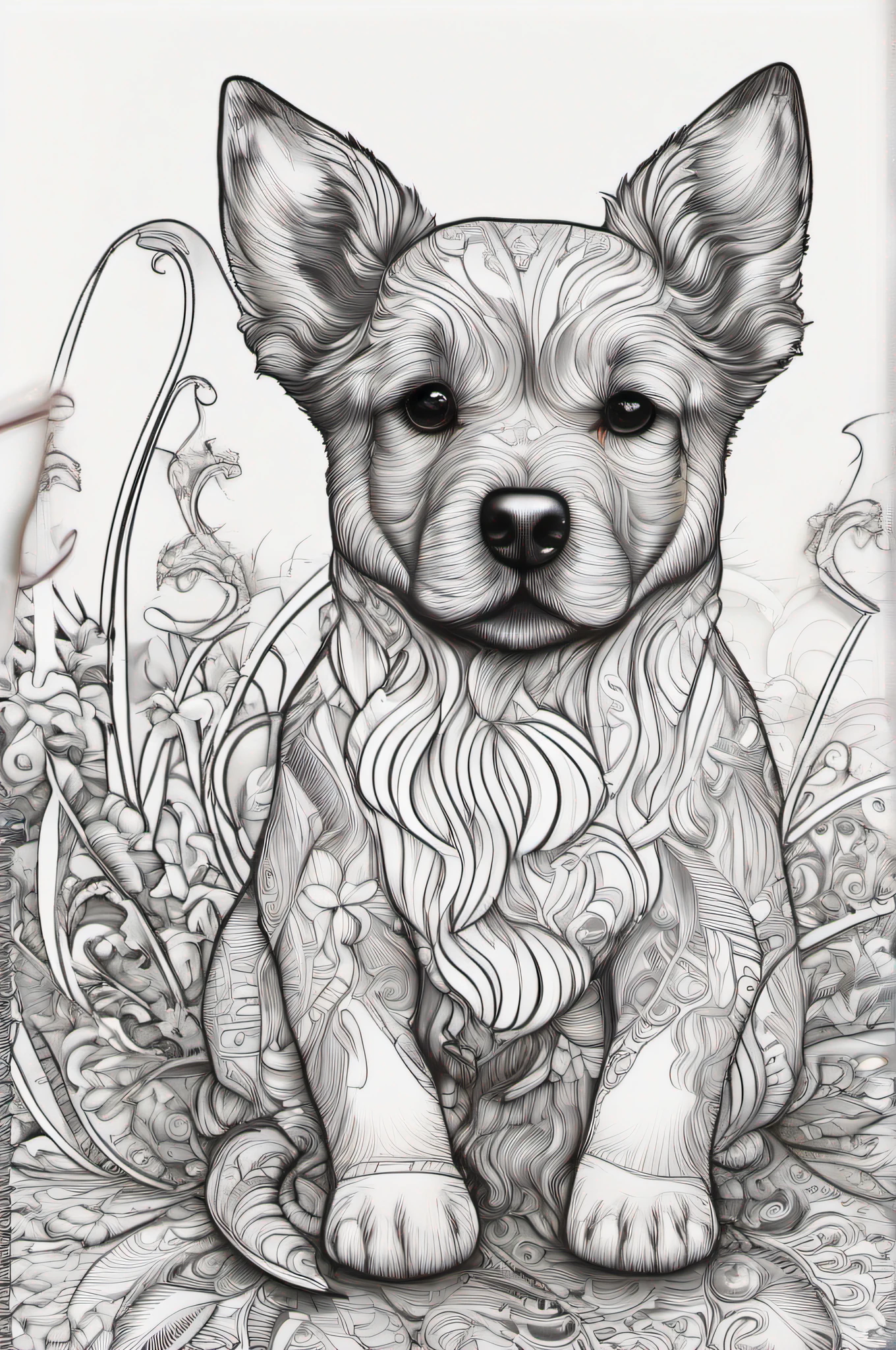 cane, Kawaii style dog, fantasia, magica, mistic, incomum, preto e branco, linhas onduladas, desenho de arte de linha realista, coloring book page , no noise, sharp thick lines, sketch art, imagem centrada, isolado em um fundo branco