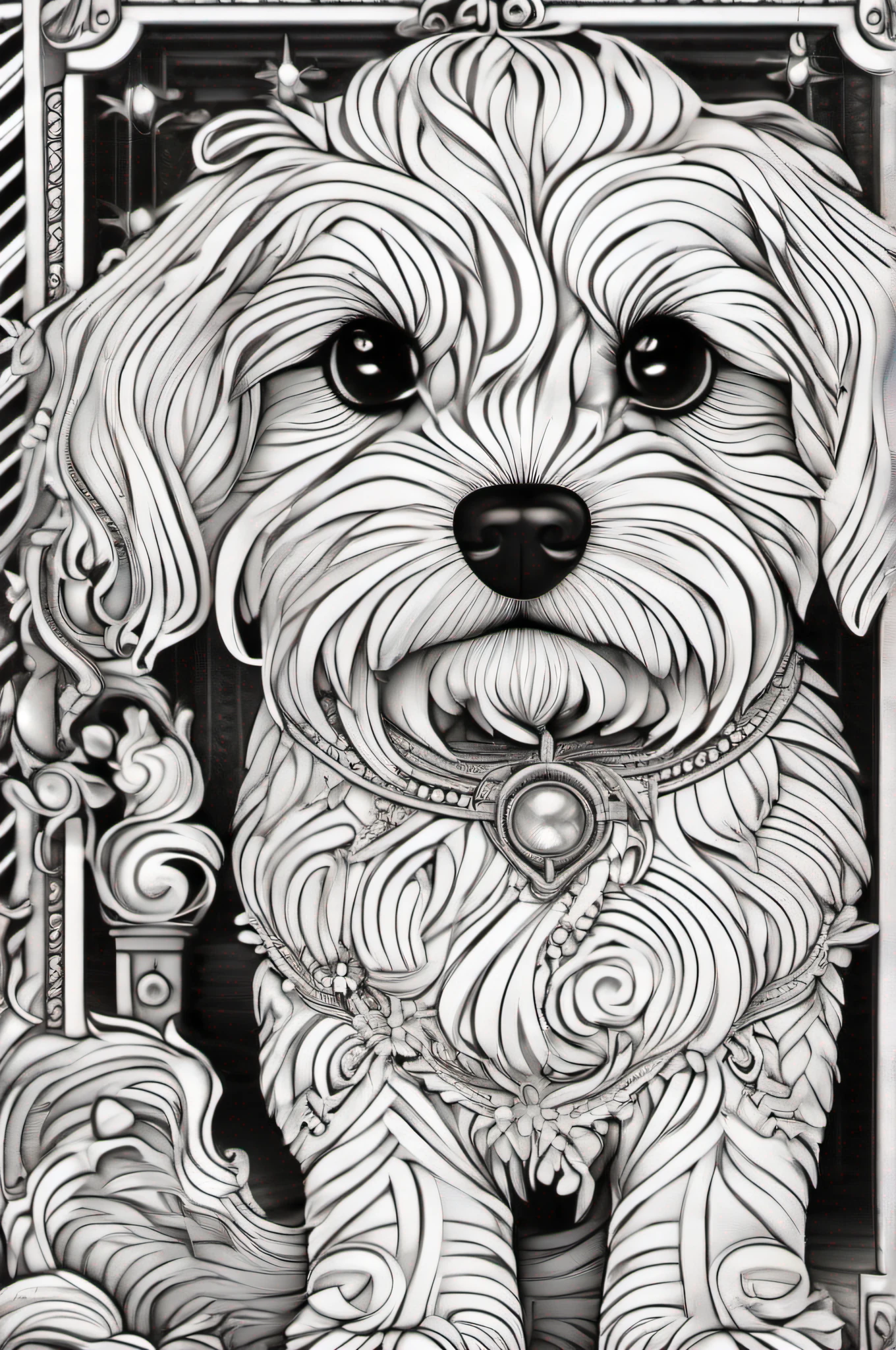 cane, Kawaii style dog, fantasia, magica, mistic, incomum, preto e branco, linhas onduladas, desenho de arte de linha realista, coloring book page , no noise, sharp thick lines, sketch art, imagem centrada, isolado em um fundo branco