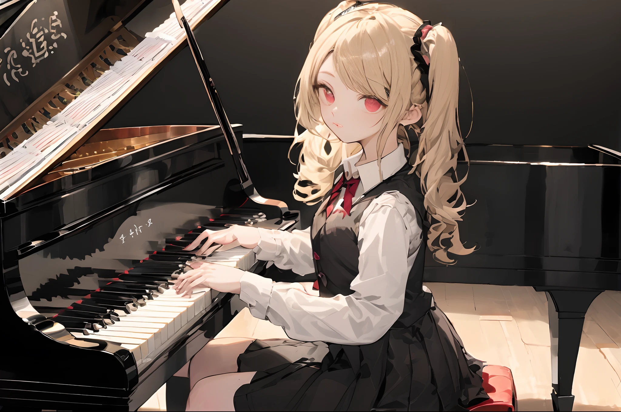 (masuter piece:1.3)、(top-quality:1.4)、超A high resolution、(Super detailed illustration)、(Detailed Eye Features)、(detailed facial features)、(detailed clothes features)、1 girl playing the piano、(piano:1.2)、The shirt、shairband、red eyes、skirt by the、vests、Twin-tailed、Piano Focus、long-sleeve、a blond、(microphone:1.2)、White shirt、Neck ribbon、shirt with collar、Sing a song、a black skirt、Black vest、From Side、depth of fields、light particules、sitting on、Piano chair、Colorful concert hall