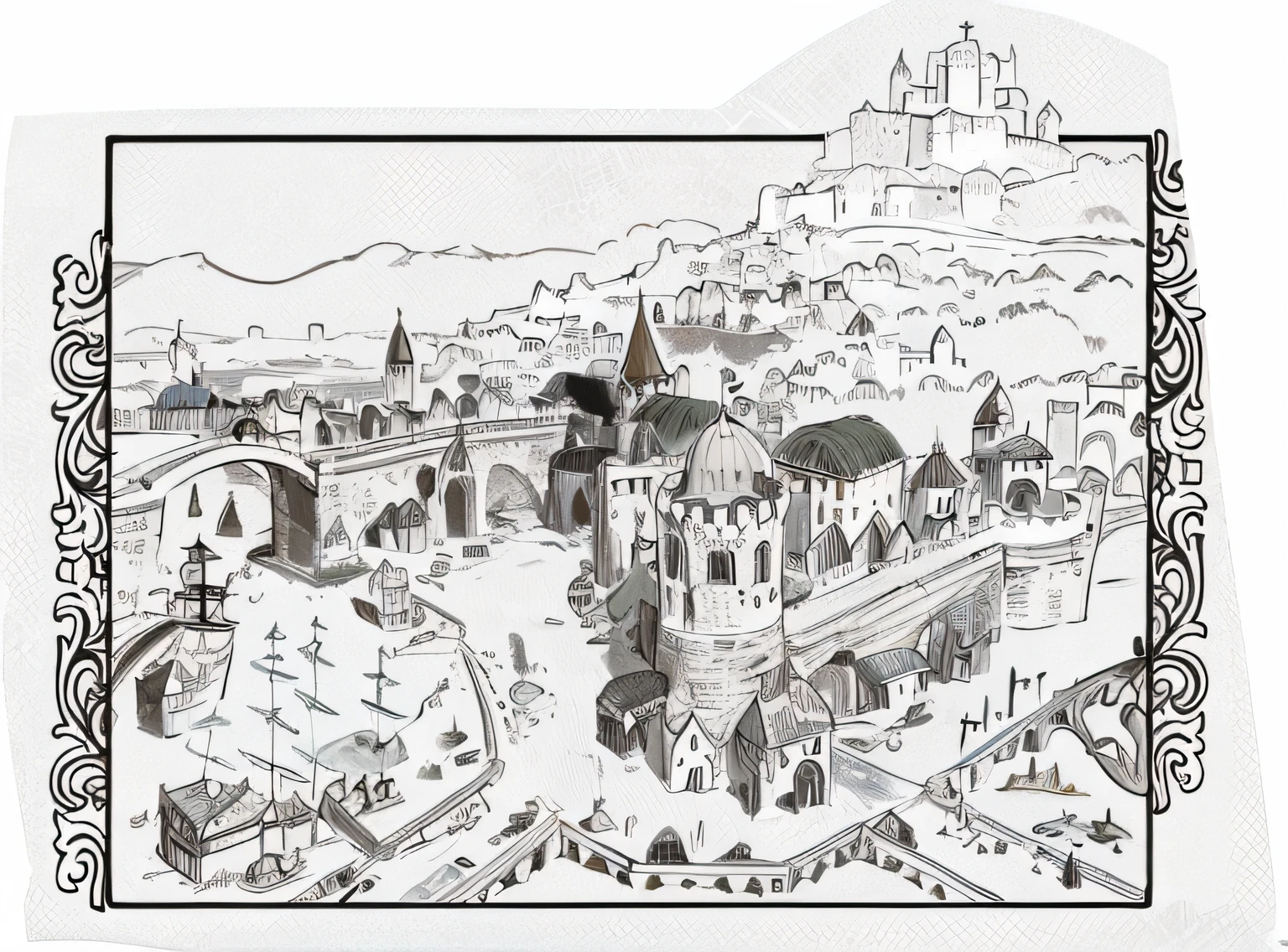 um desenho de uma cidade com um castelo e uma ponte, cidade medieval, uma cidade medieval, Flintlock Fantasy Capital Cidade, mapa da cidade medieval, renaissance port city background, Fundo medieval da cidade, cidadela medieval, castle scene manga, cidade medieval, paisagem medieval da cidade, Fortaleza mega estrutura da cidade, Mapa medieval da cidade pequena, Kingslanding, Cidade da fantasia de Medeival, Cidade Capital da Fantasia