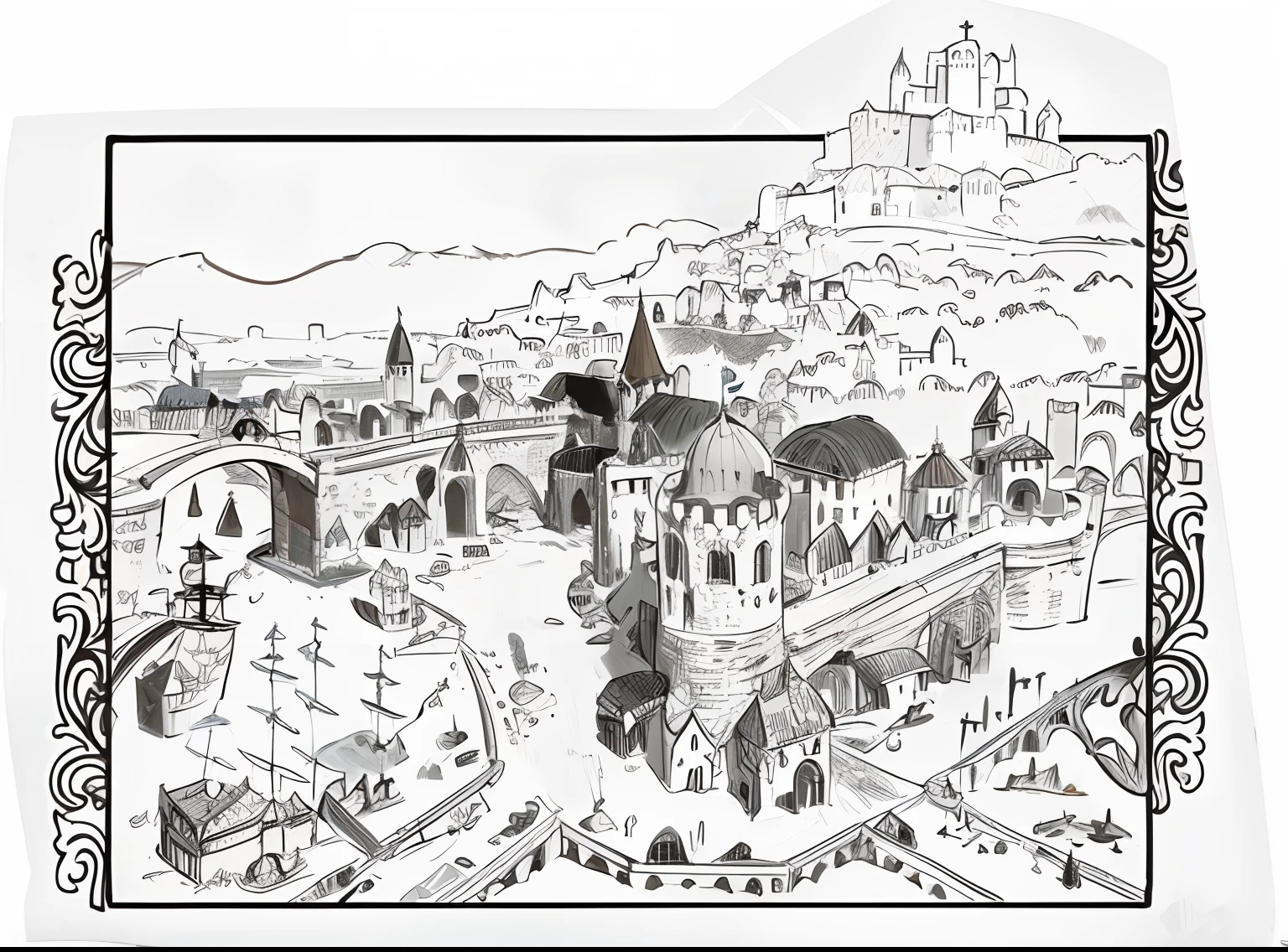 um desenho de uma cidade com um castelo e uma ponte, cidade medieval, uma cidade medieval, Flintlock Fantasy Capital Cidade, mapa da cidade medieval, renaissance port city background, Fundo medieval da cidade, cidadela medieval, castle scene manga, cidade medieval, paisagem medieval da cidade, Fortaleza mega estrutura da cidade, Mapa medieval da cidade pequena, Kingslanding, Cidade da fantasia de Medeival, Cidade Capital da Fantasia