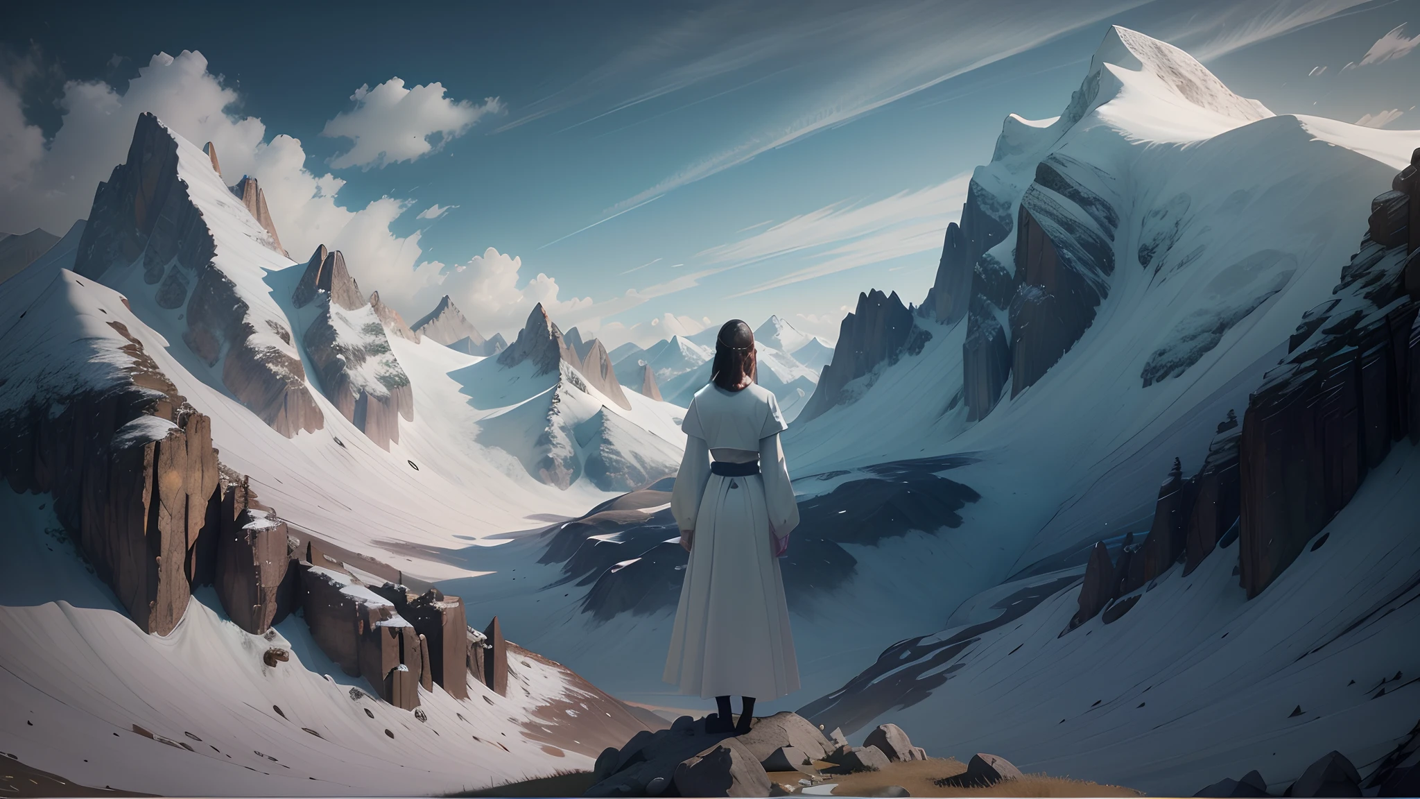 There was a woman standing on the top of a mountain looking at the mountain。,mountain scene. cinematic Film still from, Stand in front of Mt, Still from L'Estate, girl standing on mountain, looking at the mountains, cinematic Film still from, a still of an ethereal, a mountain look like a women, screenshots from movies, cinematic Film still from,Pure white clothes and skirts,The wind blows the skirt to the right,8K,hdr,Surreal 3D,realisticlying,Detailed skin texture,Detailed cloth texture,Complicated details,ultra - detailed,edge lit,Side lighting,cinematric light,超高分辨率,Hands hidden in sleeves。
