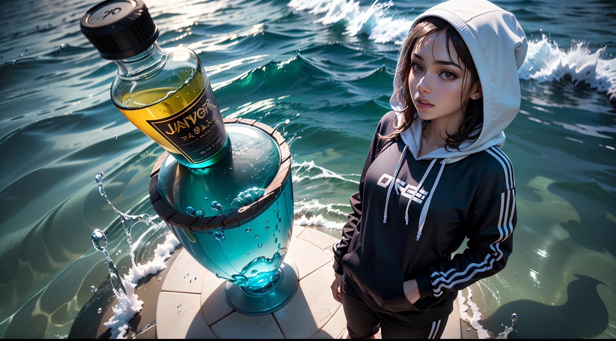 "Ultra-realistic 8k 3D rendering showcasing a vibrant multicolored bottle, glass, and water product design, featuring dynamic and magnificent splashes harmoniously merging with a stunning ocean background. One girl." Doing advert. White hoodie Sweatshirt , black joggers."