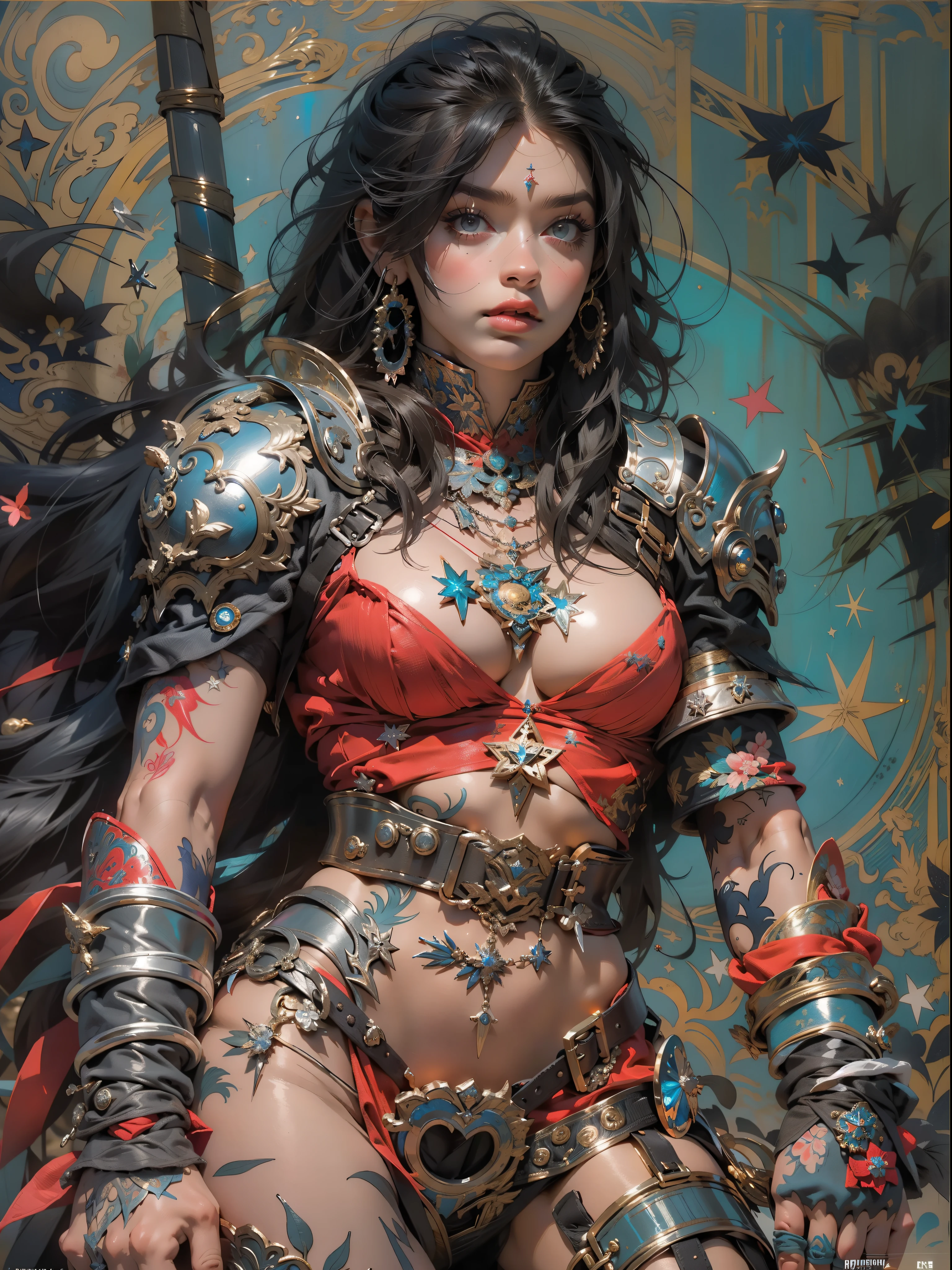 (((mulher))), (((melhor qualidade))), (((obra prima))), (((adulta))), Uma guerreira mulher de 35 anos com corpo perfeito, Brooklyn Gladiators, (( under boobs )), quase nua no estilo selvagem urbano de Simon Bisley para a capa da revista Heavy Metal, cabelo loiro, Minimum clothing, armadura (azul escuro com estrelas brancas e vermelho com listras brancas), cheio de pontas e rebites manchadas de tinta, tatuagem de estrelas de 5 pontas, (((corpo inteiro))), cabelo preto curto com franja branca cobrindo a testa