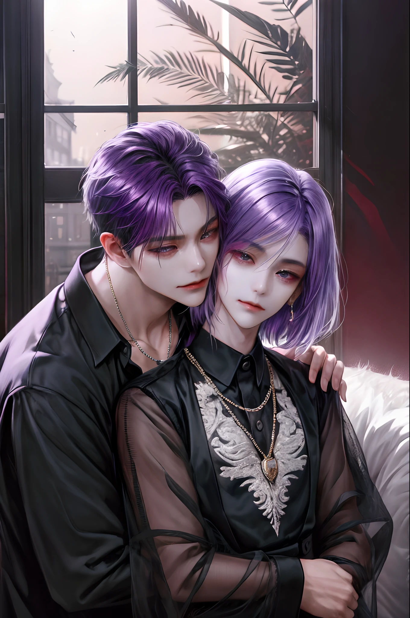 masterpiece, top-quality, 2Others, a couple, 1 man and 1,, Adults, Height difference, different fashion, different color, finely eye and detailed face, intricate detailes, Casual clothing, Oversized shirt, Modern urban streets, Hands on back, A smile, Happiness, tenderness, high-level image quality、 beautiful male、tall、hug from behind、Trying to kiss、window、nightfall、nighttime scene、𝓡𝓸𝓶𝓪𝓷𝓽𝓲𝓬、Korean Male, Idol Photos, k pop, Professional Photos, Vampires, Korean fashion in black and white, At Fed Man with Necklace, inspired by Sim Sa-jeong, androgynous vampire, :9 detailed face: 8, extra detailed face, detailed punk hair, ((asa)) baggy eyes, Seductive. Highly detailed, semi realistic anime, Vampires, hyperrealistic , delicate androgynous prince, imvu, short hair above the ears, Man with short hair, Woman with long hair, A man with a glaring expression and a woman with a gentle expression, Short-haired man with bright purple hair and woman with pink long hair