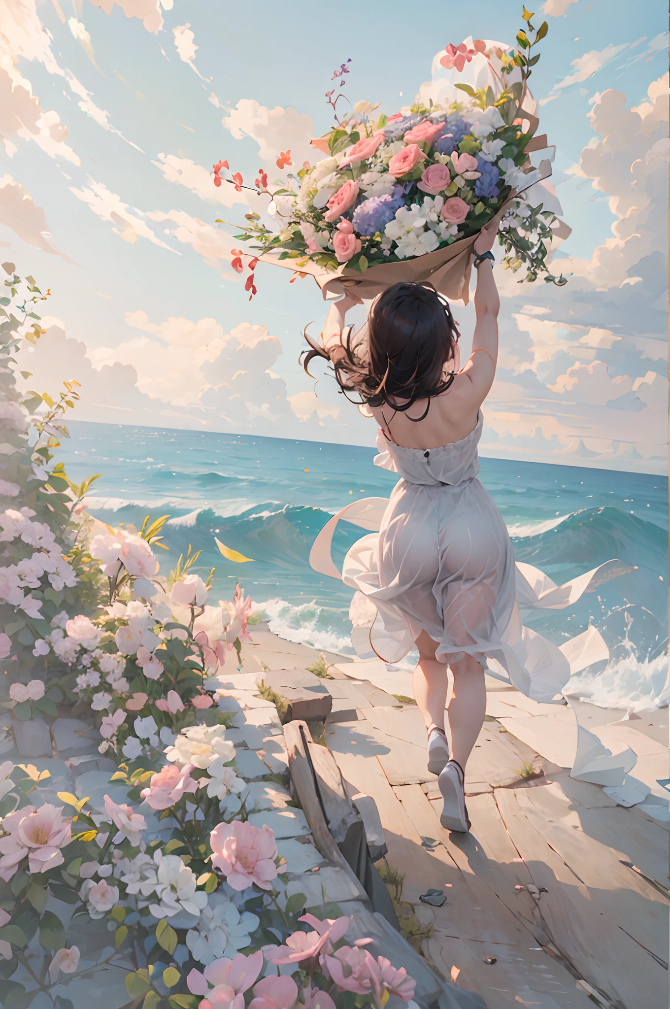 A woman grabs a bouquet falling from the sky while running and jumping. Bright blue ocean stretches to the horizon in the background. She is grabbing a bouquet with vigor and joy. Artistic shooting angle.effect///Fluffy pastel colors.fine brushes,（XF 35mm F1 key.4 R,F1.4,Maximum aperture (E.G. In the photo),become blunt:1.5） Rough, detailed watercolour, soft and fantastic, pastel, Fluffy, (extremely fine and beautiful), (Perfect Detail)、(pastel color),Soft texture:1.2.(masutepiece, Best Quality), (finely detailed beautiful eye), (finely detailed  eyes and detailed face),The tones are also visibly luminous.Pale blurred contours,Unobtrusive lighting, moody atmosphere,subtle highlights