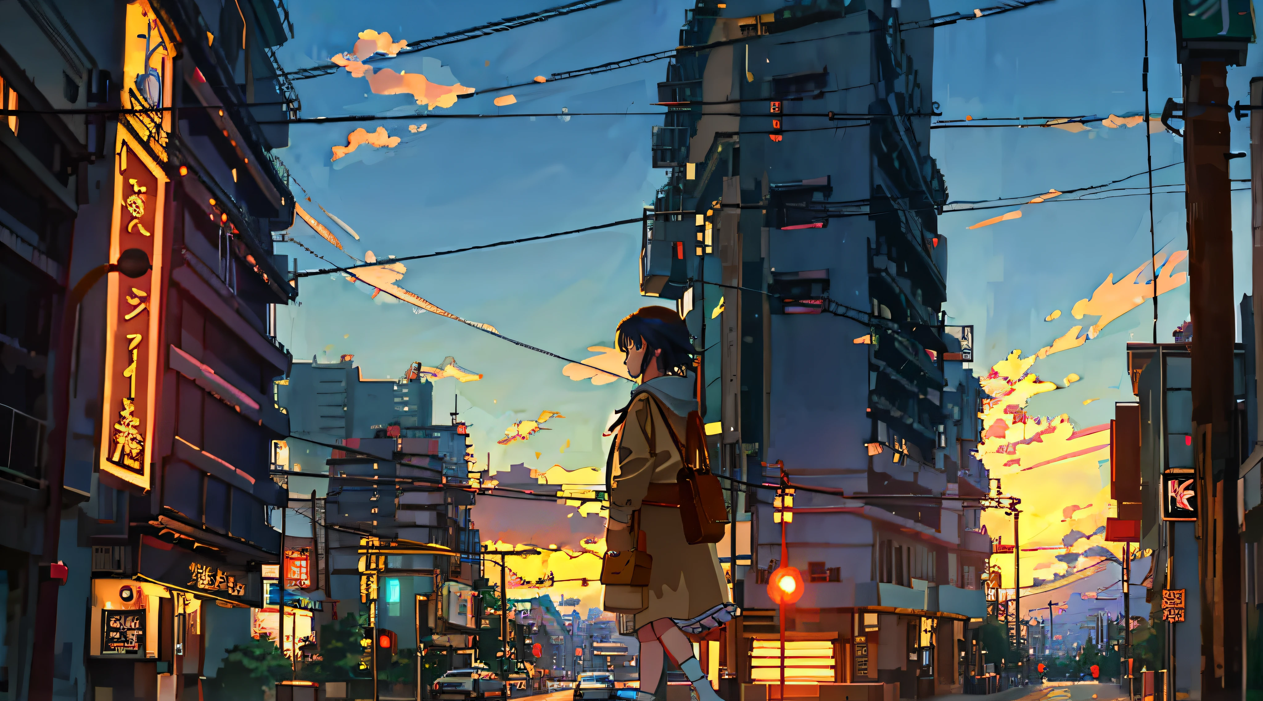 Anime - a style scene of a woman walking on the streets of a city, anime style cityscape, 4K anime wallpaper, Makoto Shinkai Cyril Rolando, style of anime4 K, Anime wallpaper 4 k, Anime wallpaper 4K, Anime art wallpaper 8 K, Anime art wallpaper 4k, Anime art wallpaper 4 K, tokyo anime anime scene, hd anime cityscape,Cute girl,Rich in detail