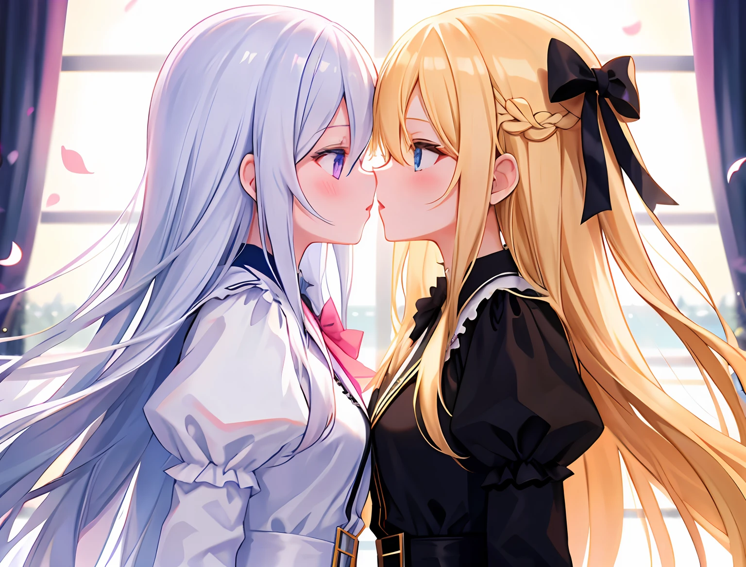 2 girls, masterpiec, long whitr hair, Blonde hair, dress, Symmetrical_docking,Kiss
