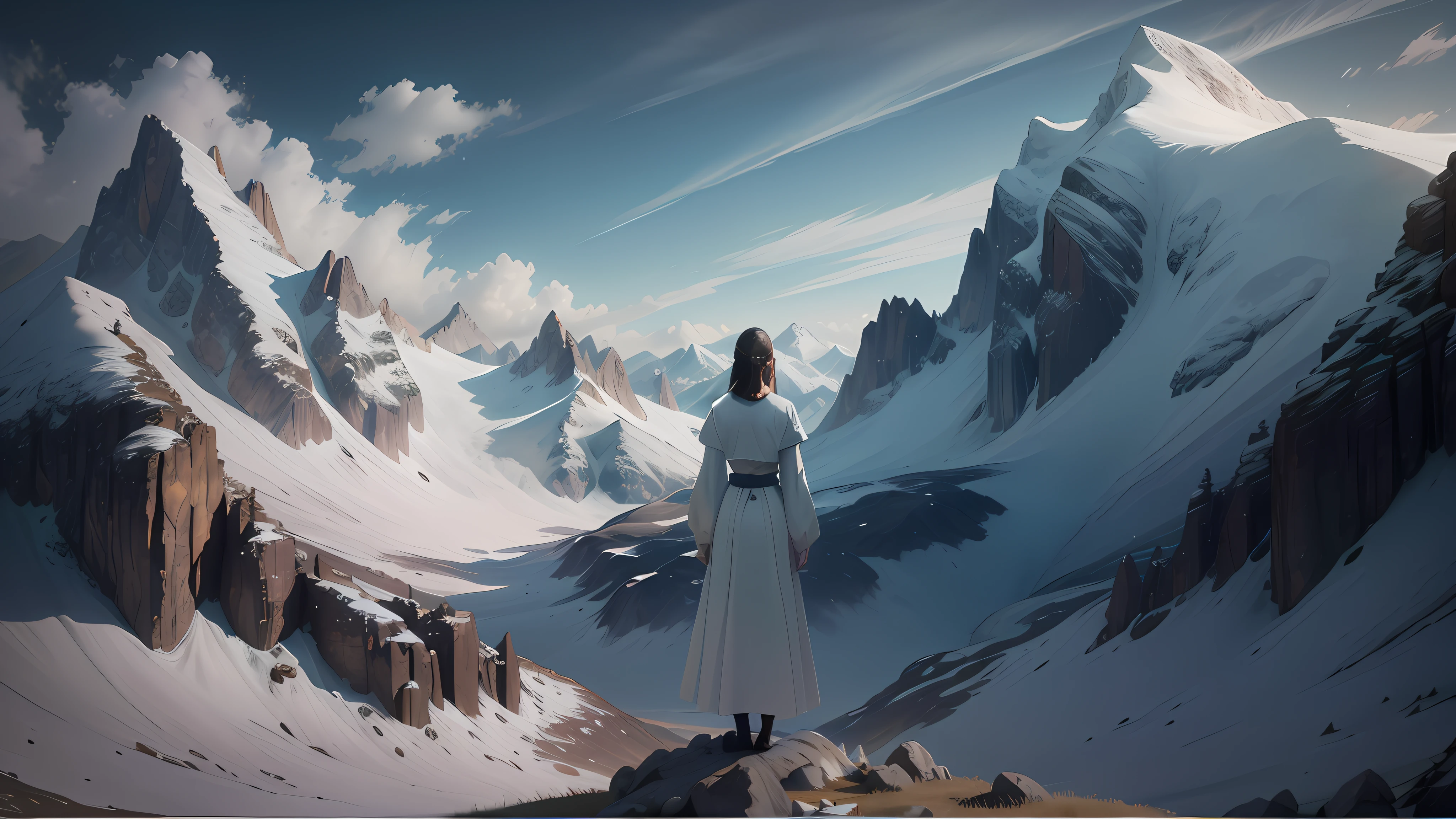 There was a woman standing on the top of a mountain looking at the mountain。,mountain scene. cinematic Film still from, Stand in front of Mt, Still from L'Estate, girl standing on mountain, looking at the mountains, cinematic Film still from, a still of an ethereal, a mountain look like a women, screenshots from movies, cinematic Film still from,Pure white clothes and skirts,The wind blows the skirt to the right,8K,hdr,Surreal 3D,realisticlying,Detailed skin texture,Detailed cloth texture,Complicated details,ultra - detailed,edge lit,Side lighting,cinematric light,超高分辨率,Hands hidden in sleeves。