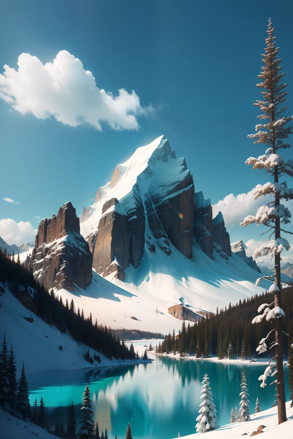 Towering snow-capped mountains, turquoise lake, (forest), flowers, trees, grass, bamboo, spring, sunny, strong sunlight, chiaroscuro, cliffs, panoramao, 8K, high quality