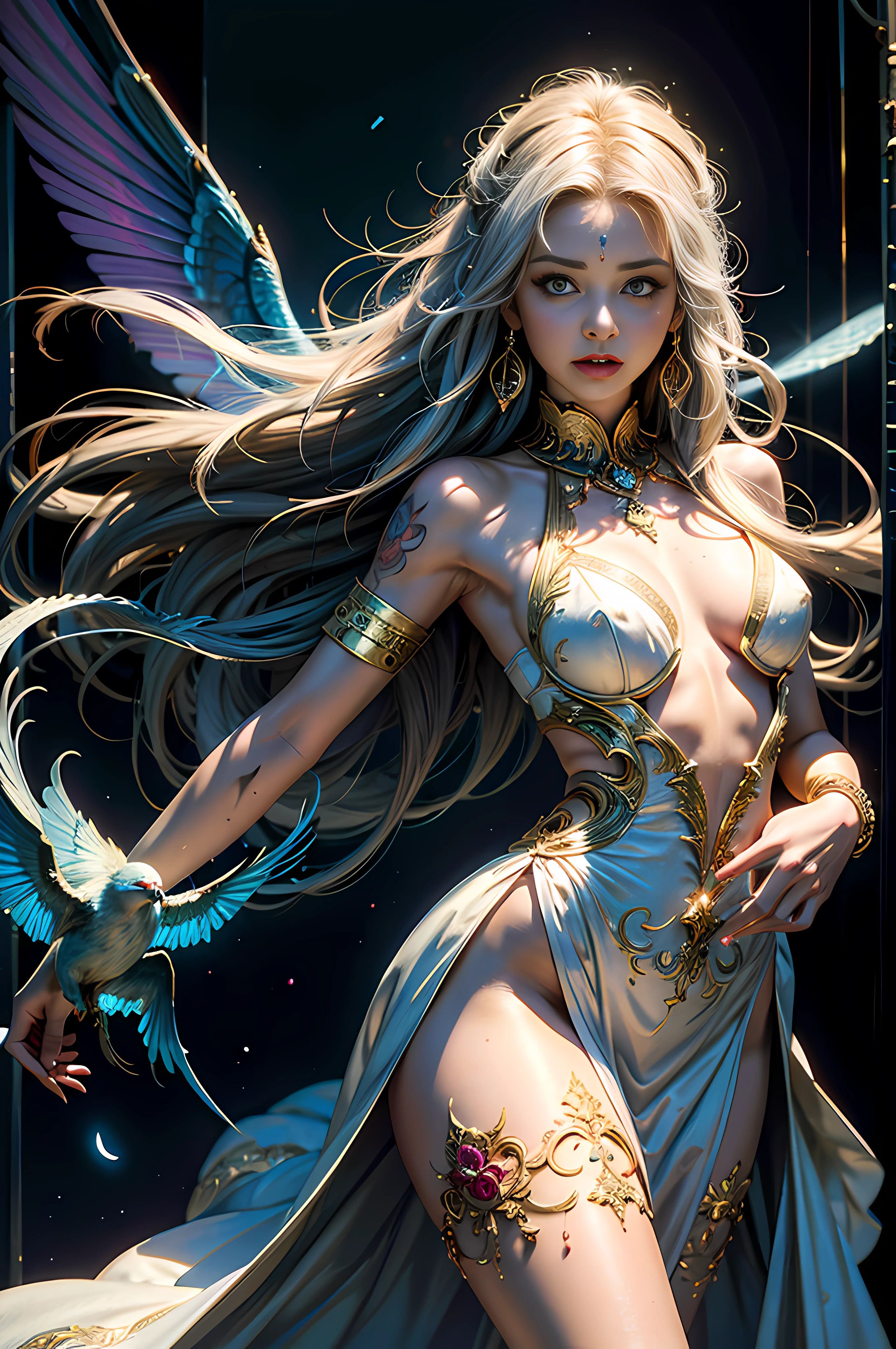 (((masterpiece))), (((best quality))), ((ultra-detailed)),(highly detailed CG illustration), ((an extremely delicate and beautiful)),cinematic light, Create a stunning fantasy artwork that mimics the style of currently trending masters of the genre. The art piece should contain elements of both mythic fantasy and fairytale fantasy with colorful accents. The character in the artwork is a delicate but strong figure with an aura of mystery and magic. The character should be petite with subtle breasts. Pay close attention to intricate facial features, such as mesmerizing eyes with vibrant colors and delicate shading. The character's clothing should be designed with gossamer feathers, silk, stunning embroidery, and subtle iridescent details. Incorporate vibrant colors, dynamic lighting, and detailed background elements to create a sense of awe and immersion. Include colorful flying magical birds and jewel-toned butterflies radiating a magical aura. Consider the latest trends in fantasy art, such as incorporating unique lighting effects, exploring dynamic and compelling composition techniques, and experimenting with unique color palettes. Take inspiration from the top artists on ArtStation and Midjourney. Camera: Choose an angle that highlights the character's beauty and enhances the magical majesty of the artwork. Lighting: Utilize atmospheric lighting techniques to create depth and mood. Resolution: Aim for a high-resolution artwork to showcase intricate details and clarity. Art Inspirations: Seek inspiration from the trending artists on ArtStation, exploring different styles, genres, and themes.(sexy woman in dress, beautiful babe ,sex slave, erotic worker, prostitute, hooker),side pose, (sex pose, thirsty, erotic face, erotic pose, prisoner ),(small tits, pure white hair , big eyes, sexy eyes body covered with tattoo, red lips, sexy lips, hand tattoo, leg tattoo, chest tattoo,(wearing sex slave accessory ,golden accessory, Slave bracelet, bracelet, wearing white dress