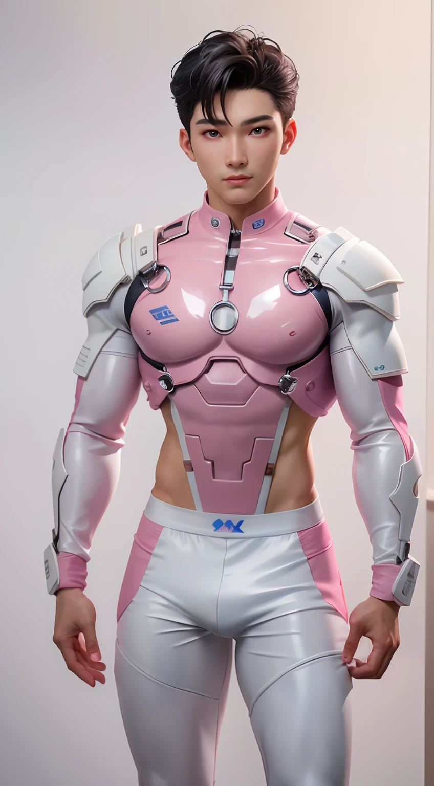 Sculpture design,Figures,GK model,The whole body of the character,decor,Expose muscles,(Exquisite base),Koo Tianle,lovely boy,White and pink with blue clothes,Handsome cybernetic boy looking at camera lingerie detailed muscular reality masterpiece,musculous