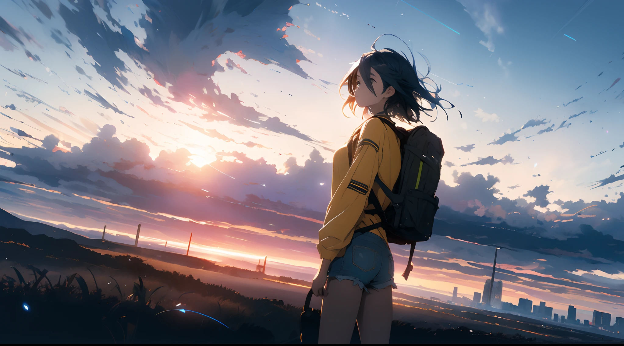 The vast sky, beautiful skyline, large grasslands, extremely tense and dramatic pictures, moving visual effects, the high-hanging Polaris, and colorful natural light. Long-sleeved top, denim shorts, and a girl with a backpack.