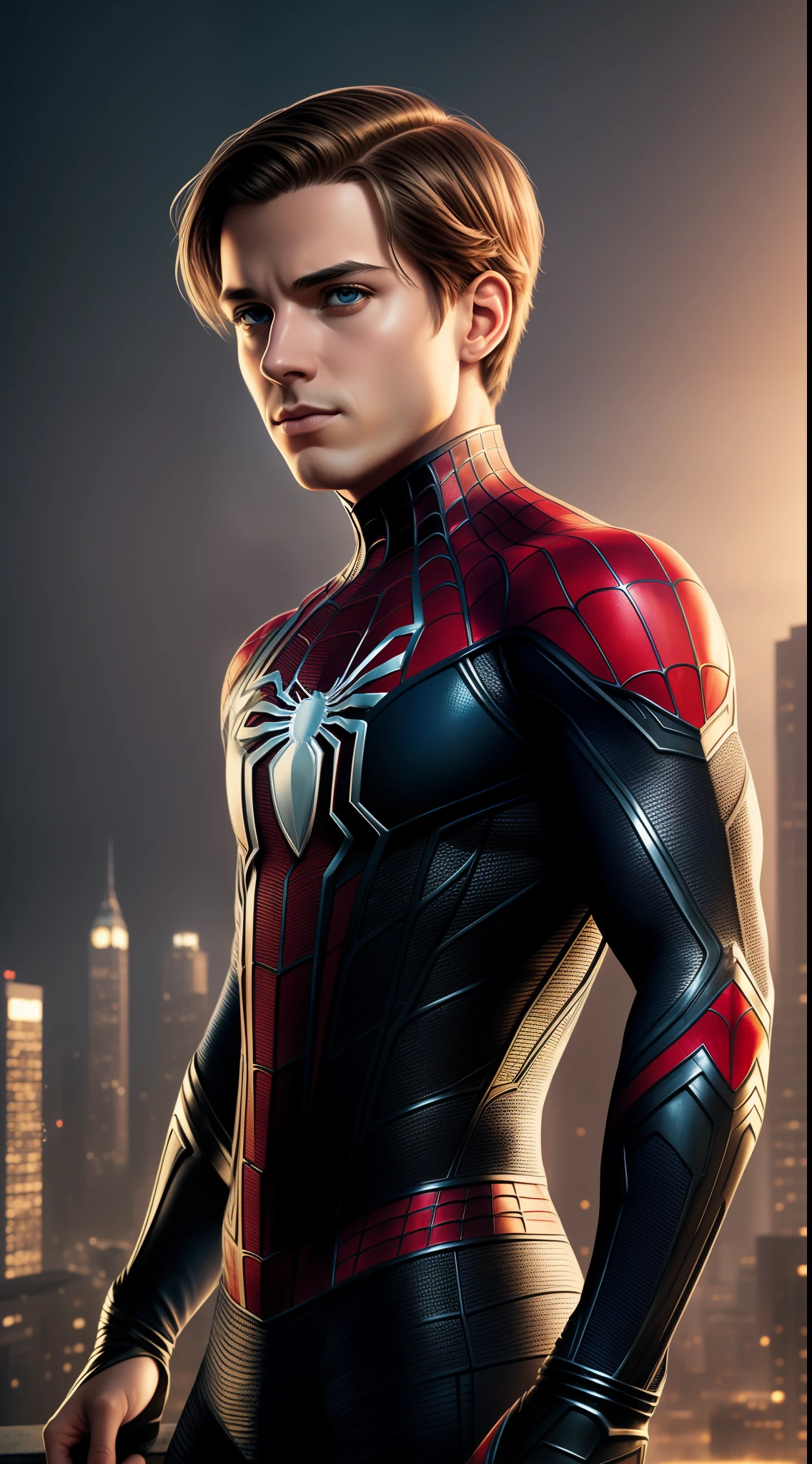 Thomas Stanley Holland as spider-man, vhs effect, beautiful elegant face, upper body portrait, wearing stylish detailed black spider-man armor, symmetrical texture, standard body, white skin (skin texture:1.2 ), detailed everything aerial city view, intricate detail, fine detail, super detail, ray tracing, subsurface scattering, diffuse soft light, shallow depth of field, of (Oliver) Wetter)