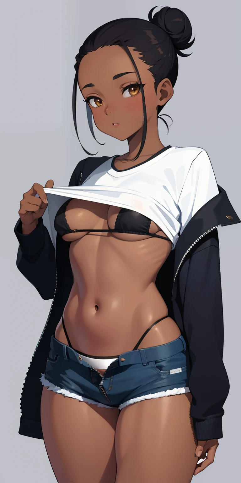 dark skinned female, shirt lift, black bra, bra push, hard nipples, short shorts, unzipped short, white panties, ponytail, bun, short hair, forehead, perfect body, long locks