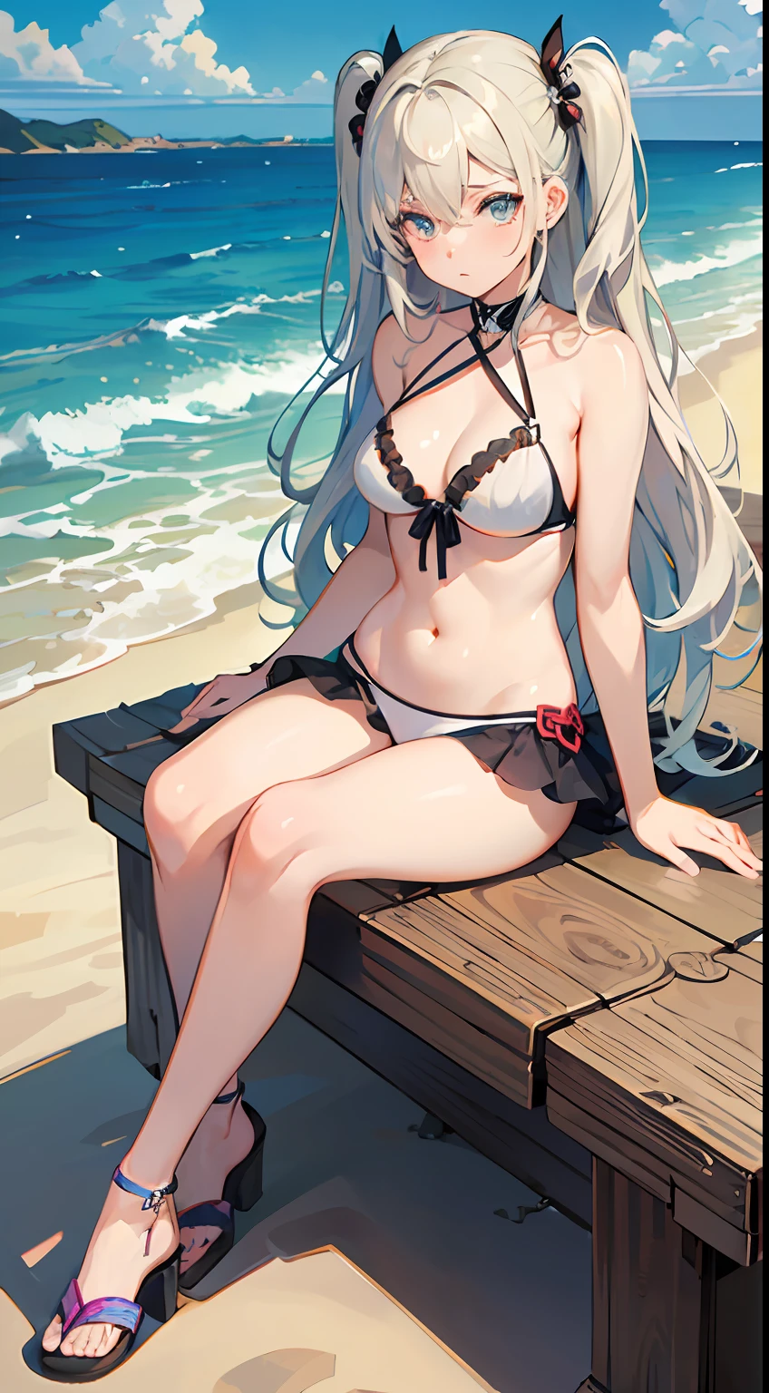 ((Best Quality)), (Ultra-detailed), ((Extremely detailed)), (Beautiful), ((Kawaii Girl)),(two side up hair).,Platinum Blonde Hair,Long hair, hair between eye, Wavy Hair, Long sideburns,Jade-colored eyes, White skin,Normal Chest,Slender body,Cross Halter Bikini,Sandals,Sitting,in beach,Look Camera