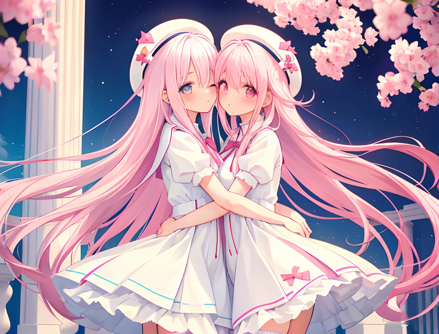 2girls，Girl1：adolable，A pink-haired，long whitr hair，white stockings，white dresses，girl 2：adolable，A pink-haired，long whitr hair，white stockings，white dresses，Symmetrical_docking，kissing and hugging