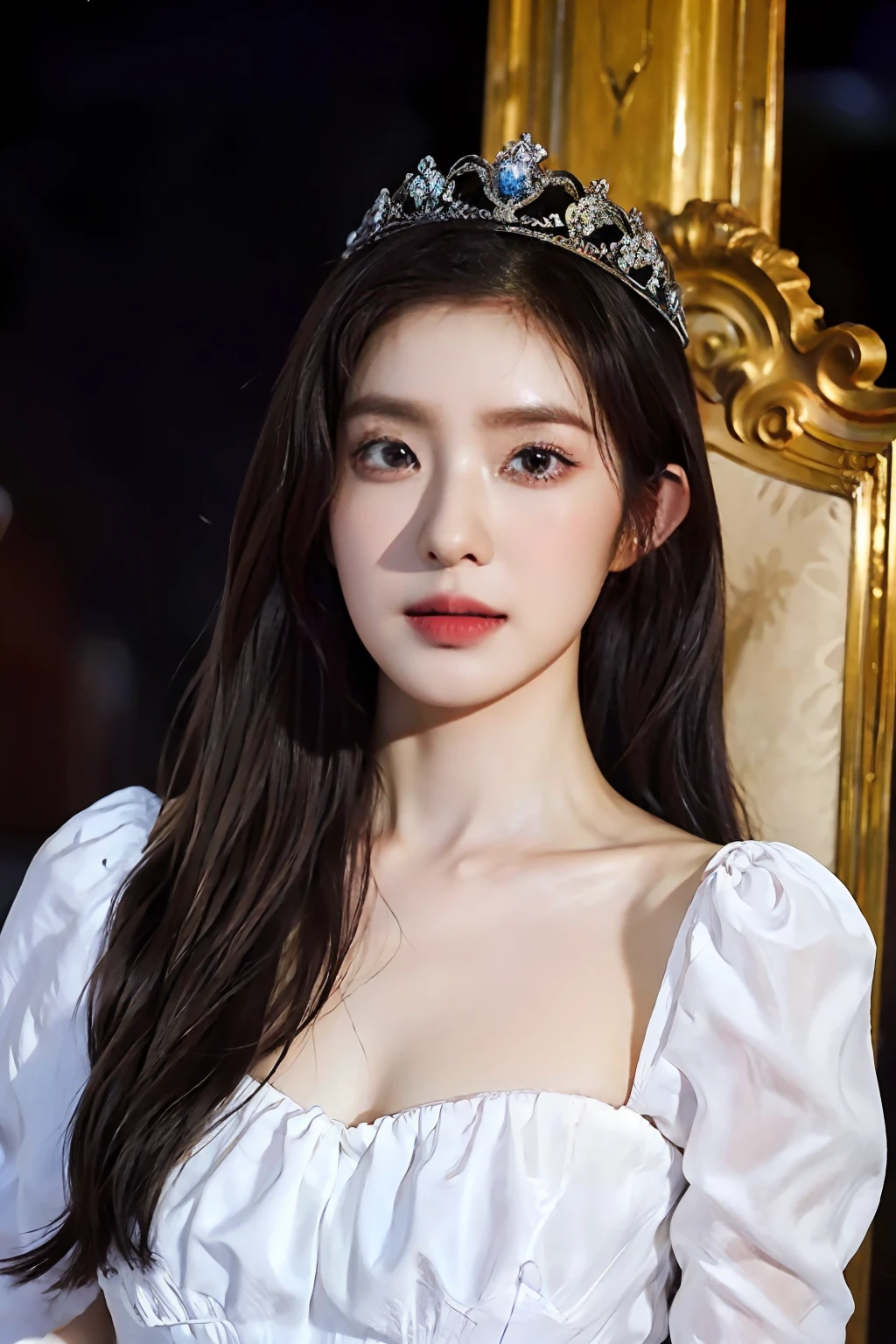ultra realistic, olhos perfeitos, vestido princesa sexy preto detalhado, black crown on head, sentada em um trono, melhor qualidade, magra, look at the serious camera, full body