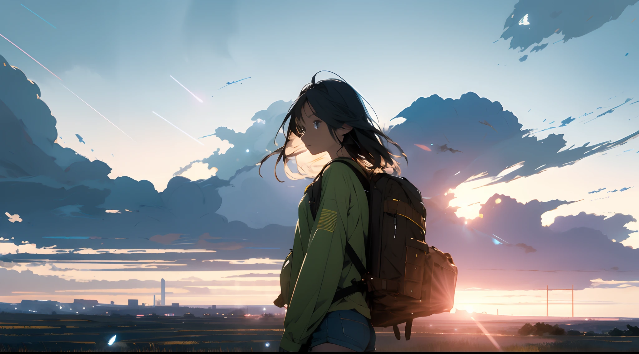The vast sky, beautiful skyline, large grasslands, extremely tense and dramatic pictures, moving visual effects, the high-hanging Polaris, and colorful natural light. Long-sleeved top, denim shorts, and a girl with a backpack.