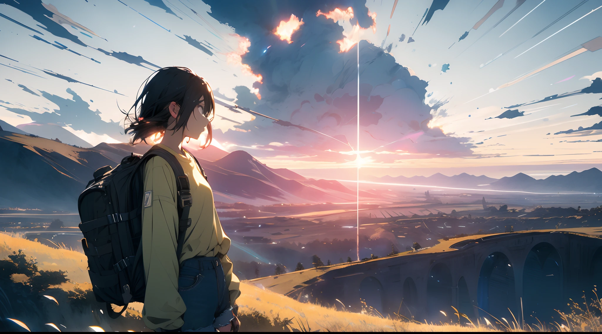 The vast sky, beautiful skyline, large grasslands, extremely tense and dramatic pictures, moving visual effects, the high-hanging Polaris, and colorful natural light. Long-sleeved top, denim shorts, and a girl with a backpack.