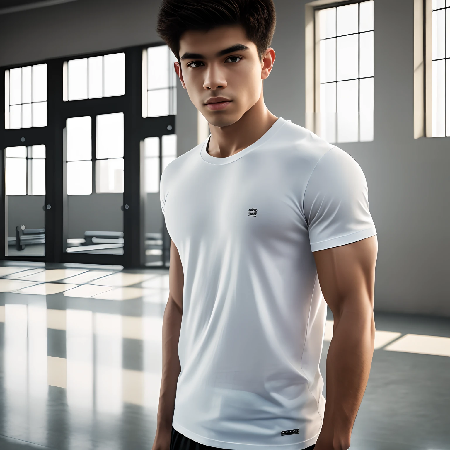 best quality, ultra high res, (photorealistic:1.4), masterpiece, blurry background ,gym, solo,1 boy,Young man ,standing,white skin, white t-shirt, posing, looking at viewer , face focus, --auto