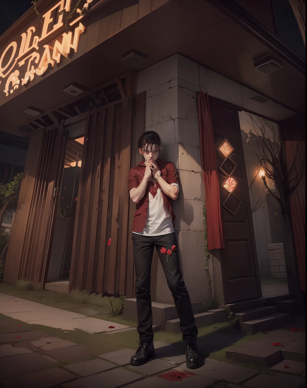 The background is a garden The heart is lying on the ground, blood is coming out of it and blood is coming from the boy's chest And right left is a tree in which flowers are falling down and the moon is visible in the sky