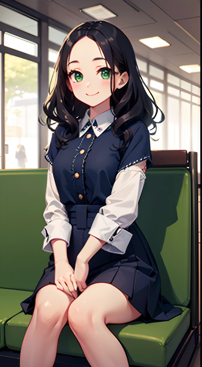 ((Best Quality)), (Ultra-detailed), ((Extremely detailed)), (Beautiful), ((Kawaii Girl)),Medium Hair,Forehead,Dark blue hair,(Wavy Hair),Green eyes,smock blouse,Mini skirt,regular breasts,Smile,Haneda airport lobby,sitting,One Woman