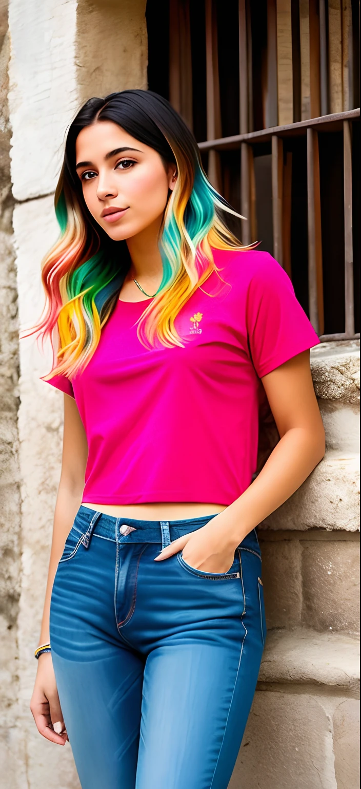 (cor plana: 1.3), (colorido: 1.3), (obra-prima: 1.2), melhor qualidade, obra-prima, original, papel de parede extremamente detalhado, olhando para o espectador, 1girl, solo, floating colorful water (cabelo multicolorido), fit, cabelo curto, (tshirt), (jeans), (sapatos de lona),