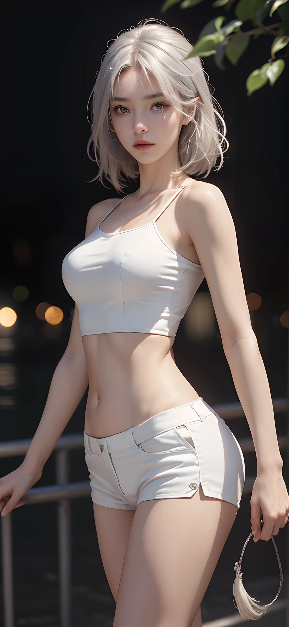 ((Realistic lighting, Best quality, 8K, Masterpiece: 1.3)), Clear focus: 1.8, 1 Pretty girl, Perfect beauty: 1.4, Slim abs: 1.1, ((light silver hair)), exquisite facial features, white tight open-cut top, transparent white tight shorts, slim figure, (Outdoor, Night: 1.1), Park view, Super fine face, Fine eyes, Double eyelids,