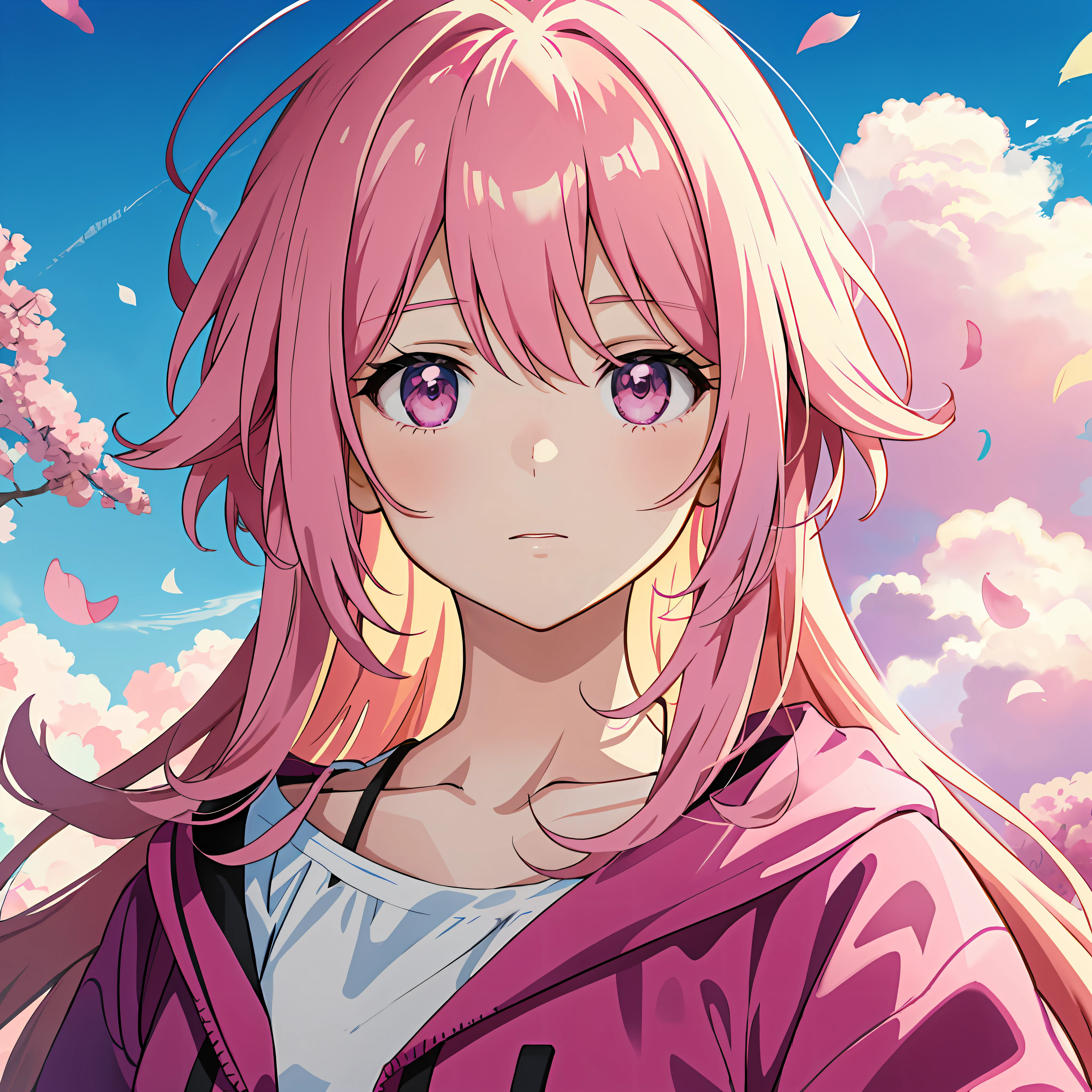 Anime girl with pink hair and pink eyes standing in front of blue sky, style of anime4 K, Anime art wallpaper 4 K, Anime art wallpaper 4k, Anime wallpaper 4 k, Anime wallpaper 4K, Anime art wallpaper 8 K, Beautiful anime girl, a beautiful anime portrait, fluffy pink anime clouds, cute anime girl portraits, extremely cute anime girl face