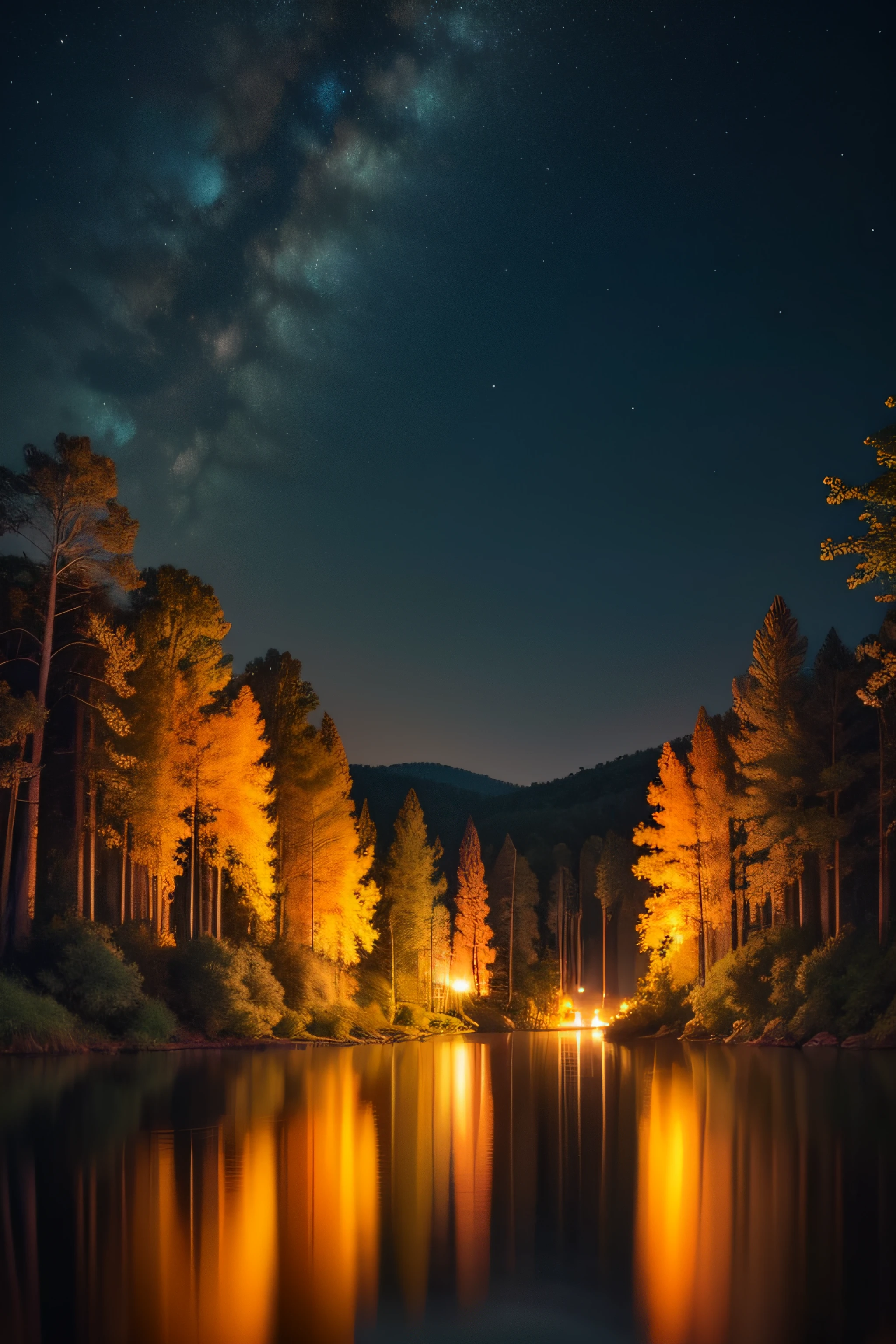 Best quality, masterpiece, ultra high resolution, a good looking night, picture taken from the lake between 2 jungles