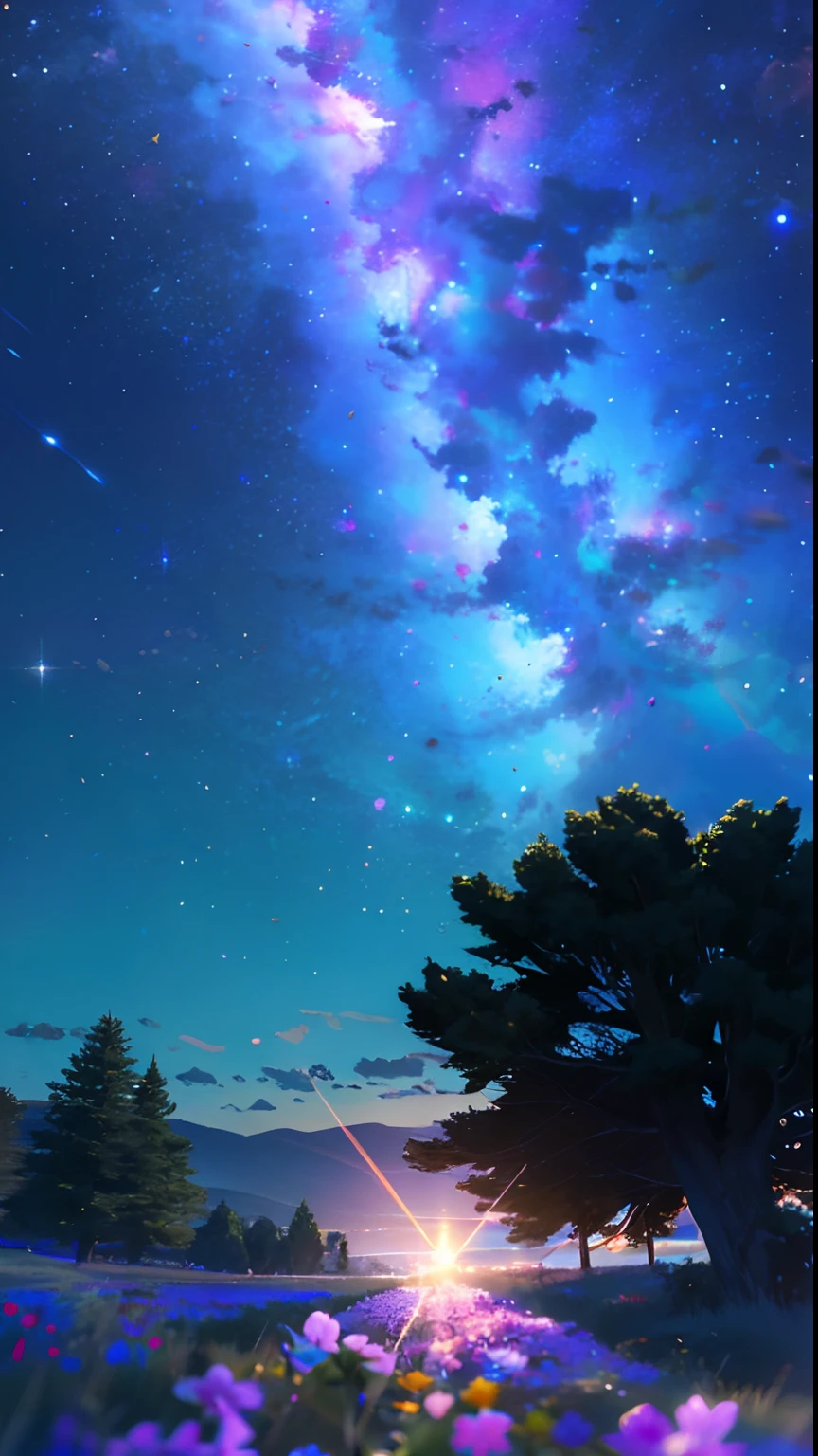 High Quality, high-detail, Bright starry sky, Multicolored Flowers Emitting Dazzling Light CG Art 8K