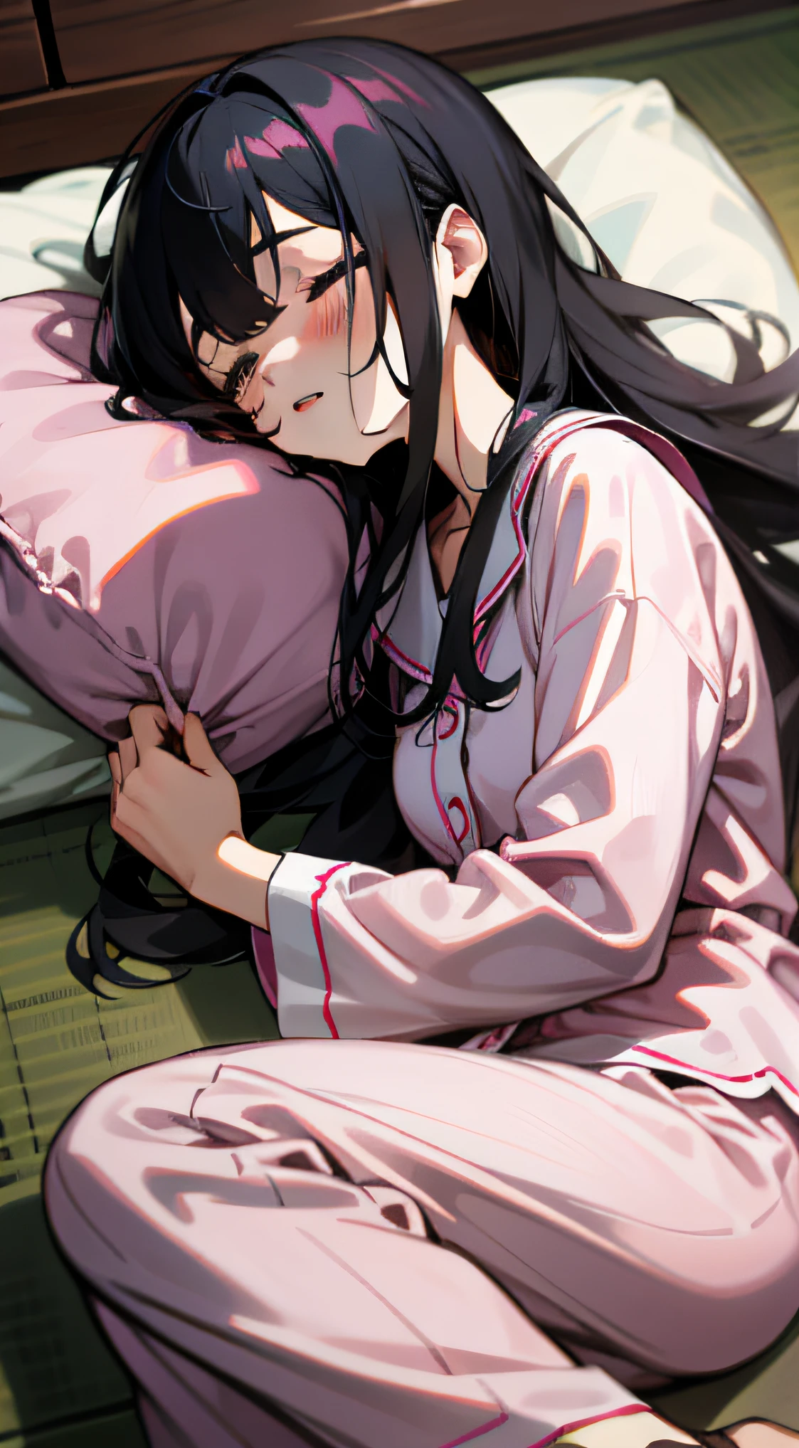 A woman, Wearing pink pajamas, Loose pajamas, Hold a white isometric pillow, Lie on a tatami, Are sleeping , Black hair, Long hair, Messy hair, hair on one eye, Eyes closed, parted lip, Drooling, Masterpiece, High details, Award-Awarded, Best quality