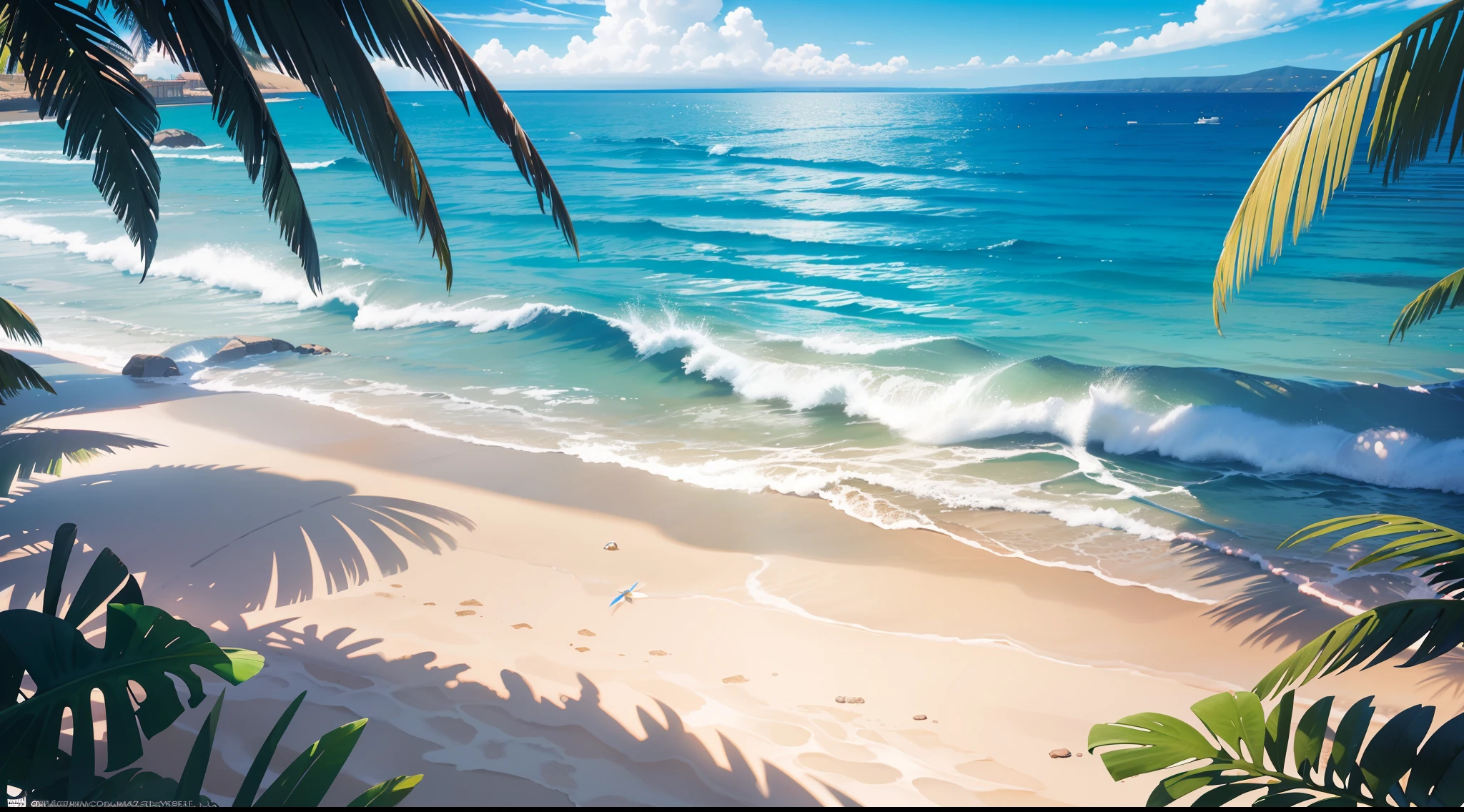 Summer scenery,Waikiki,splash water,Strong sunshine,masutepiece,ultra-quality,ultla highres,8K,Hyper Detailed,intricate-detail,Realistic,photographrealistic,superfine illustration,