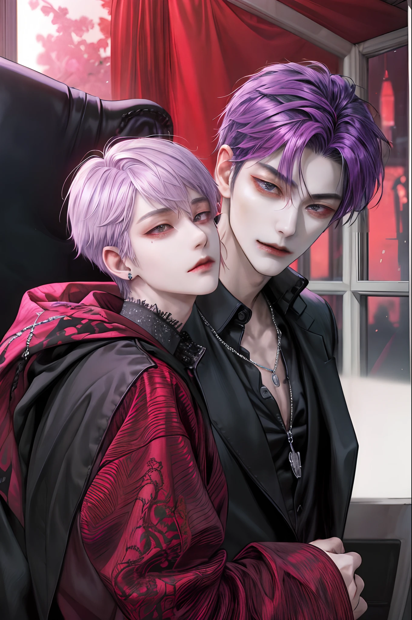 masterpiece, top-quality, 2Others, a couple, 1 man and 1,, Adults, Height difference, different fashion, different color, finely eye and detailed face, intricate detailes, Casual clothing, Oversized shirt, Modern urban streets, Hands on back, A smile, Happiness, tenderness, high-level image quality、 beautiful male、tall、hug from behind、Trying to kiss、window、nightfall、nighttime scene、𝓡𝓸𝓶𝓪𝓷𝓽𝓲𝓬、Korean Male, Idol Photos, k pop, Professional Photos, Vampires, Korean fashion in black and white, At Fed Man with Necklace, inspired by Sim Sa-jeong, androgynous vampire, :9 detailed face: 8, extra detailed face, detailed punk hair, ((asa)) baggy eyes, Seductive. Highly detailed, semi realistic anime, Vampires, hyperrealistic teen, delicate androgynous prince, imvu, short hair above the ears, Man with short hair, Woman with long hair, A man with a glaring expression and a woman with a gentle expression, With a short-haired man with bright purple hair, Woman with long pink hair