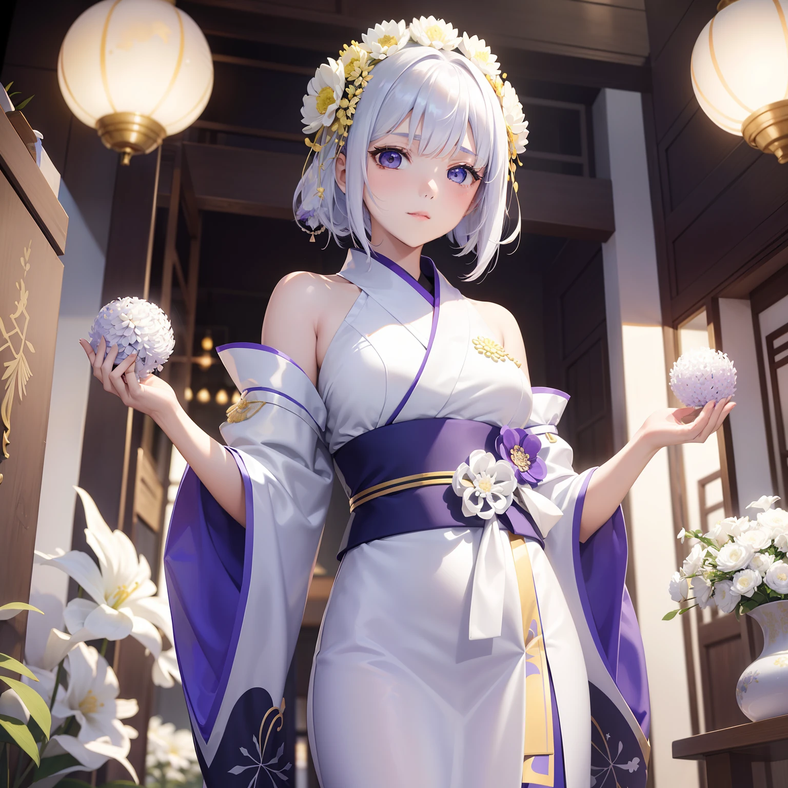 「In the world of aesthetics、One girl with bright white and gold hair、Wearing a purple and pure white kimono。Her mystical charm is、It resembles a chrysanthemum flower, Symbol of nobility and chastity.、She is that chrysanthemum flower々Stand in the midst of disheveled flowers。」